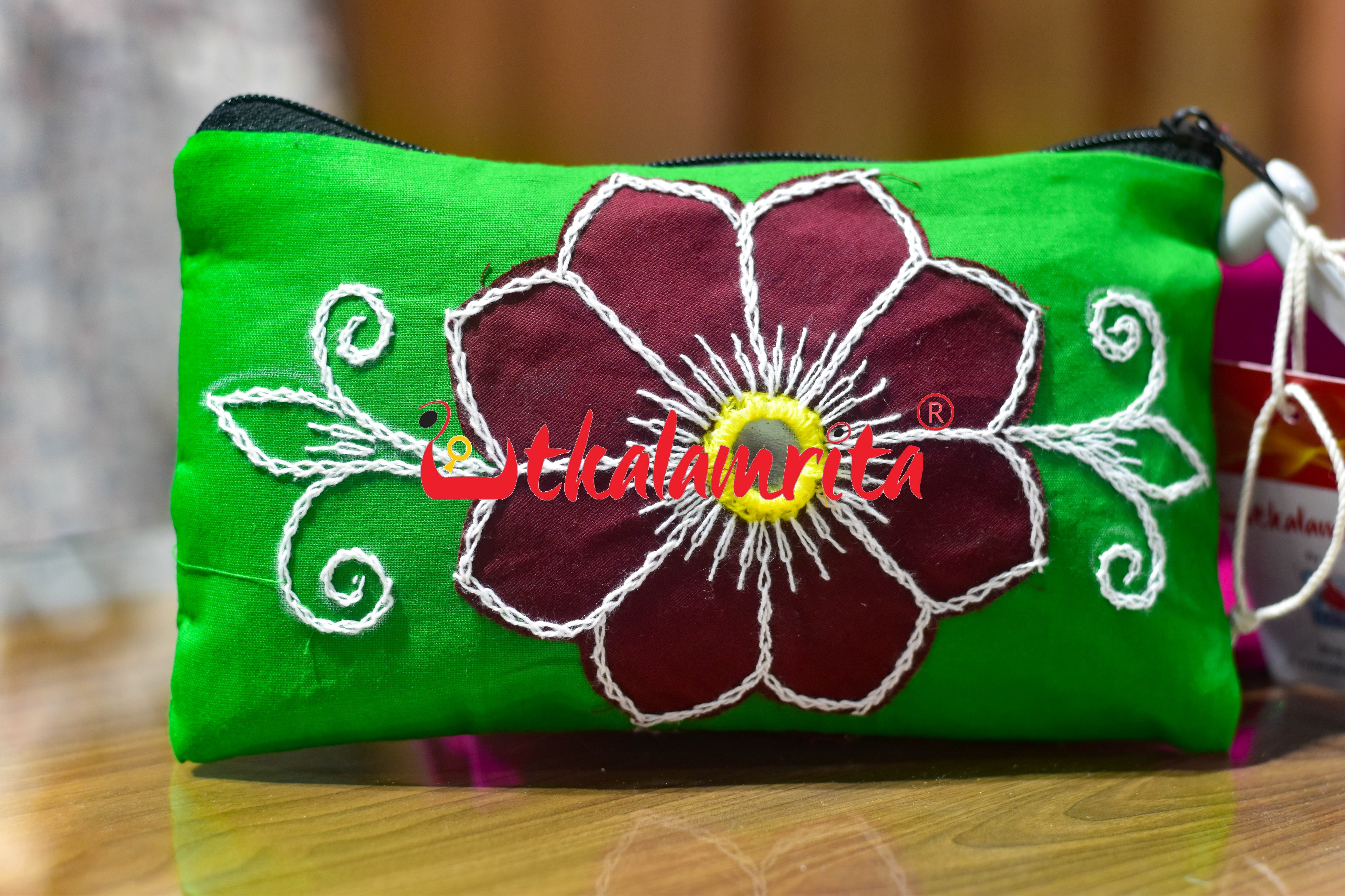 Green Maroon Single Flower Pipli Applique Purse