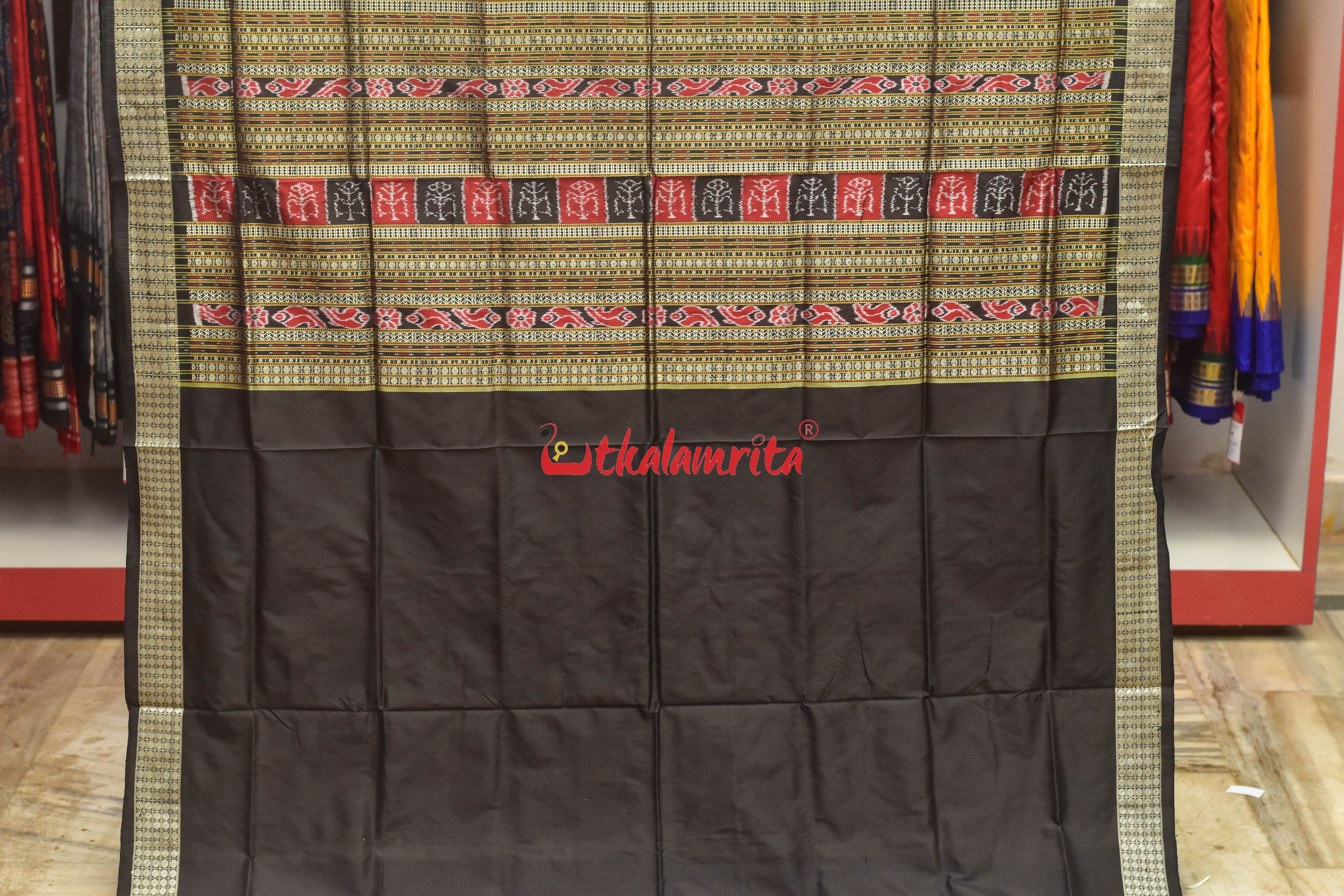 Red Plain Black Bomkai Silk Saree