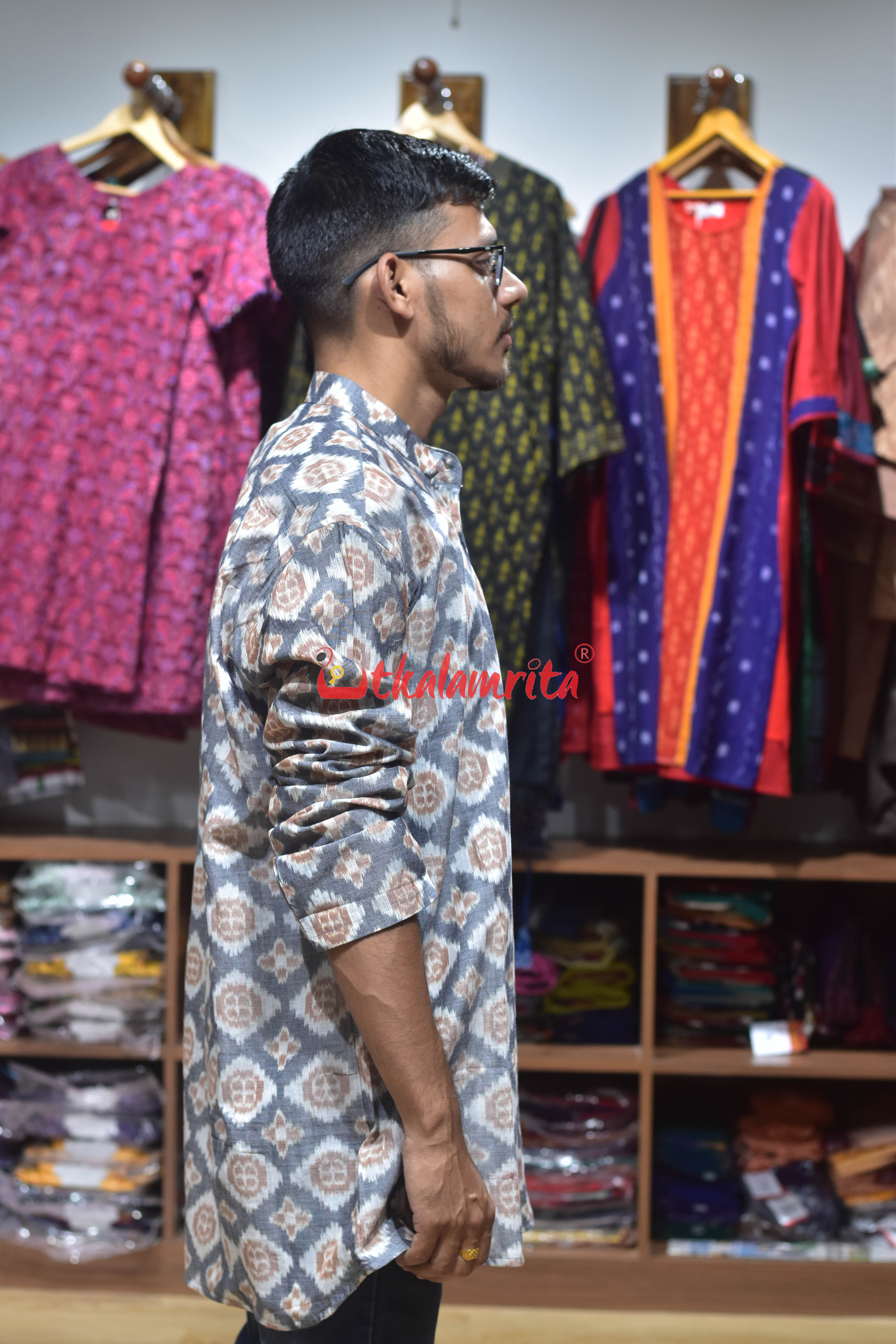 Grey Flower Pasapali (Men's Short Kurta)