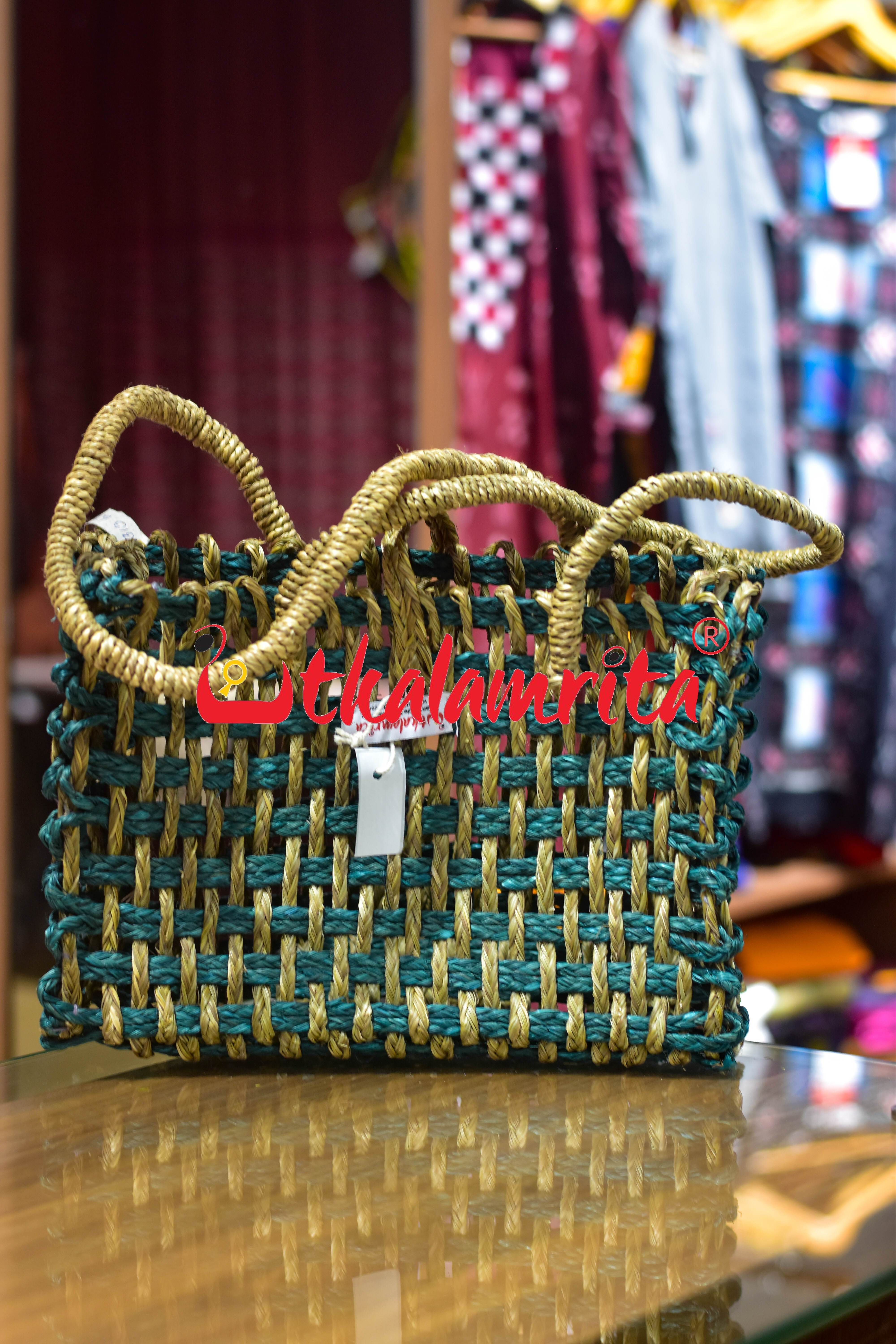 Sabai Grass Jali Bag Medium (Natural-Green)