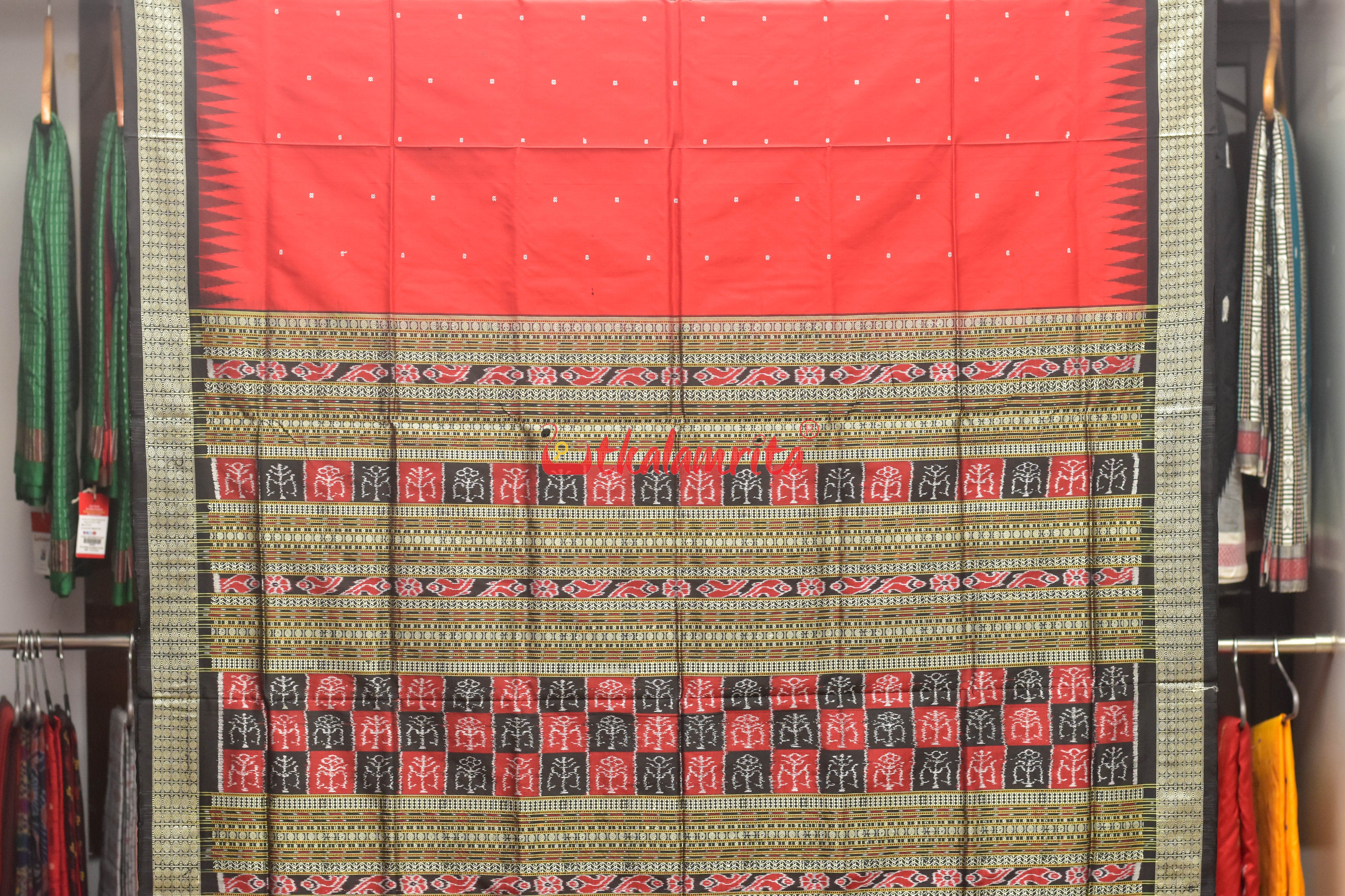 Red Plain Black Bomkai Silk Saree