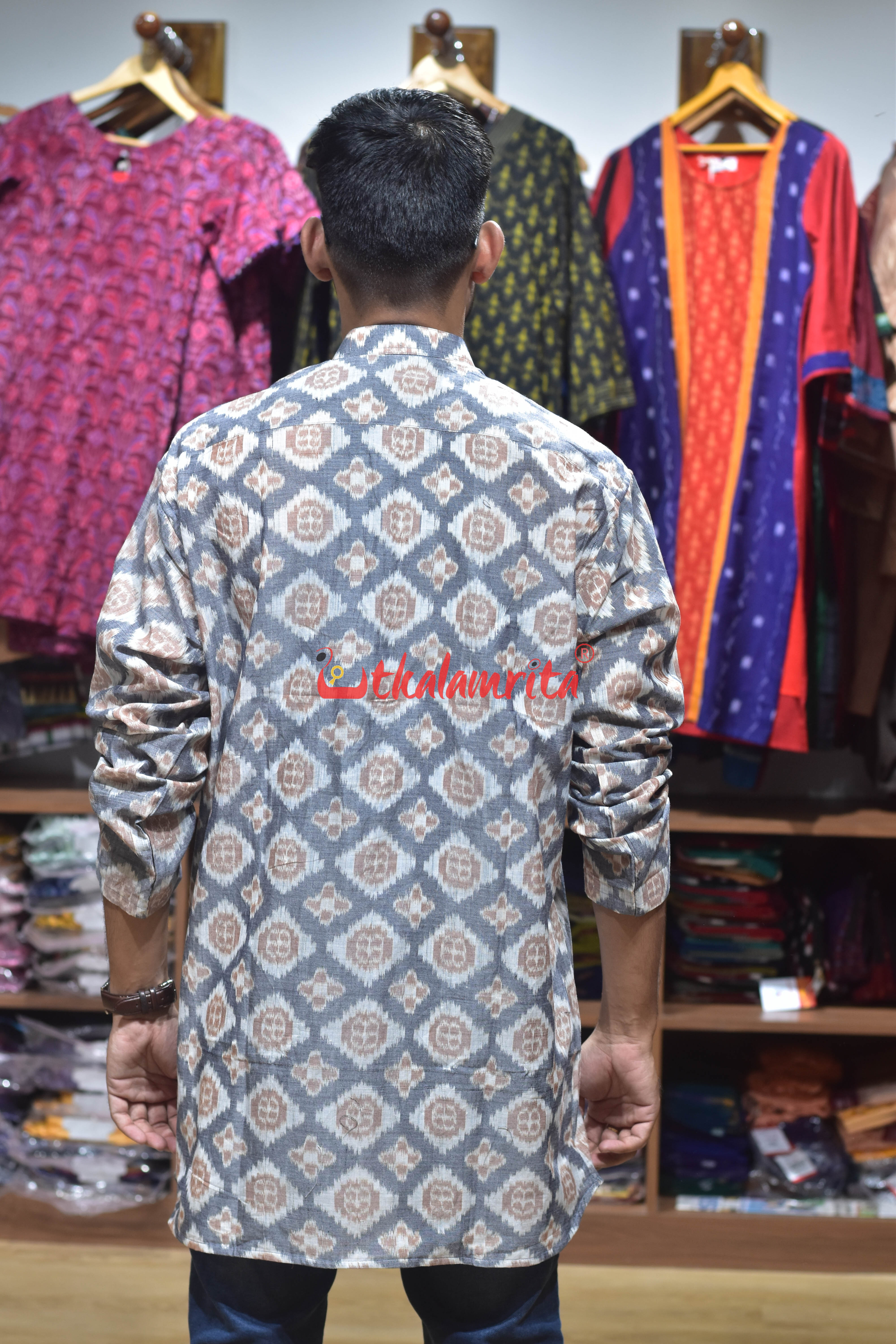 Grey Flower Pasapali (Men's Short Kurta)