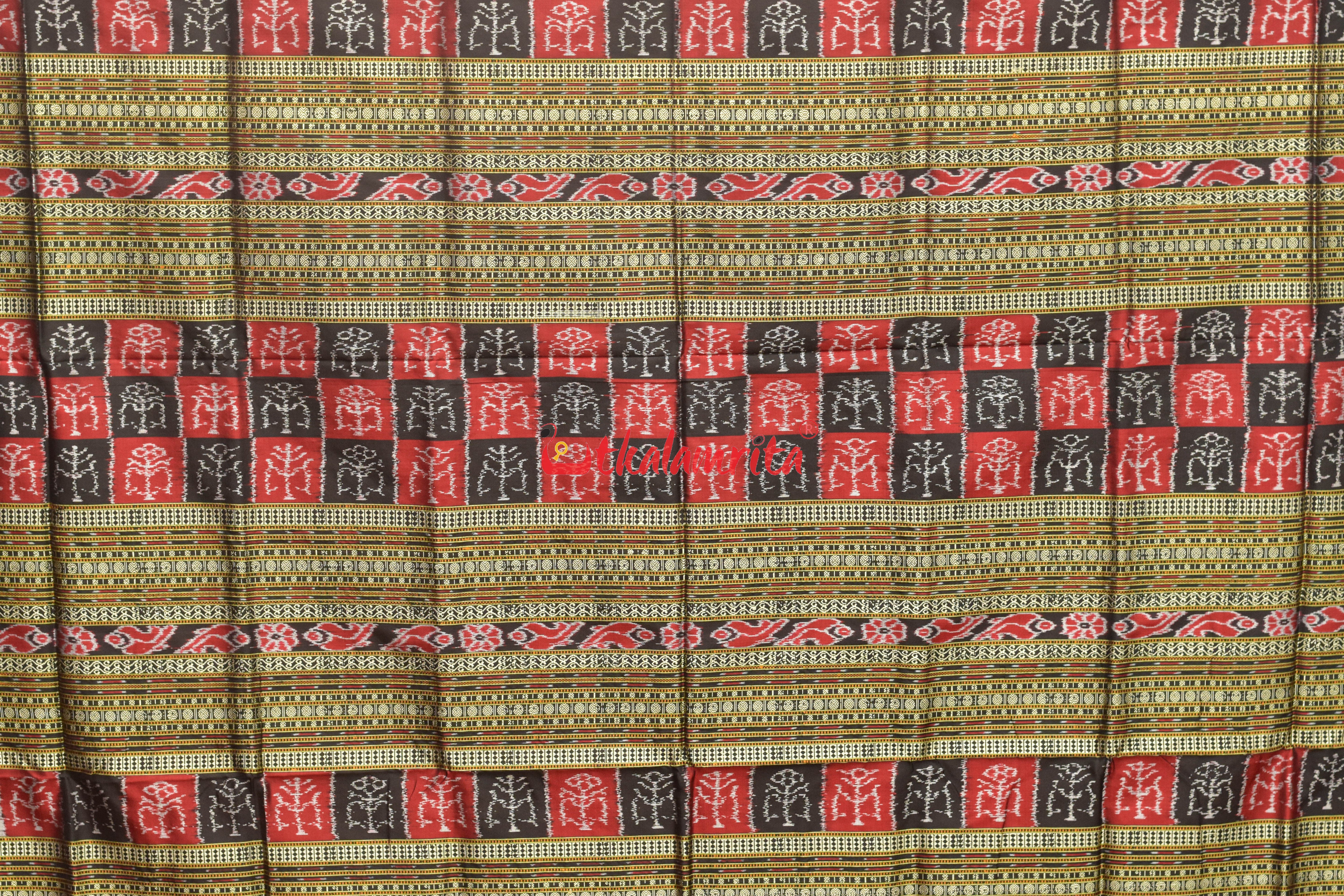 Red Plain Black Bomkai Silk Saree