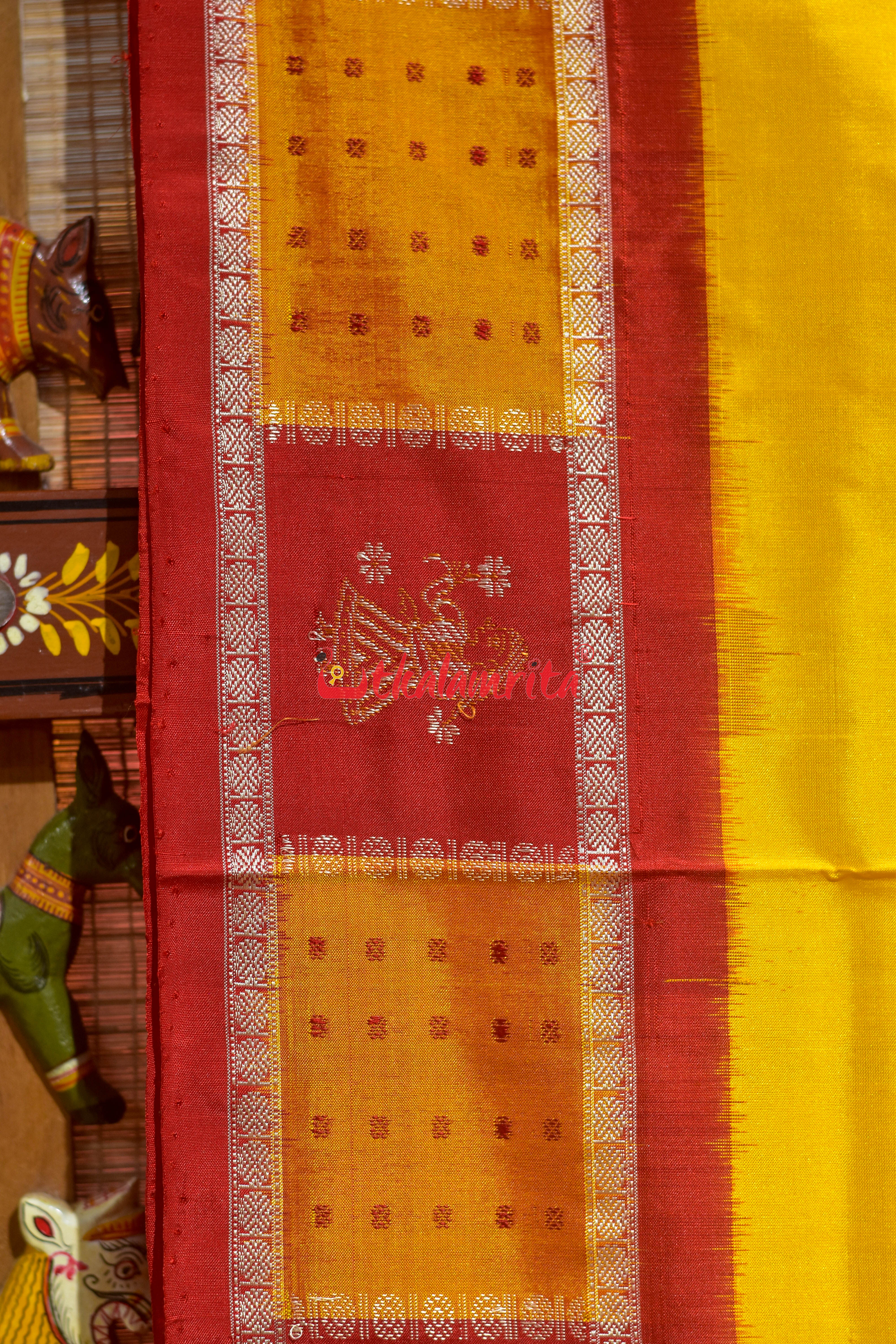 Yellow Red Doll Border Bomkai Silk Saree