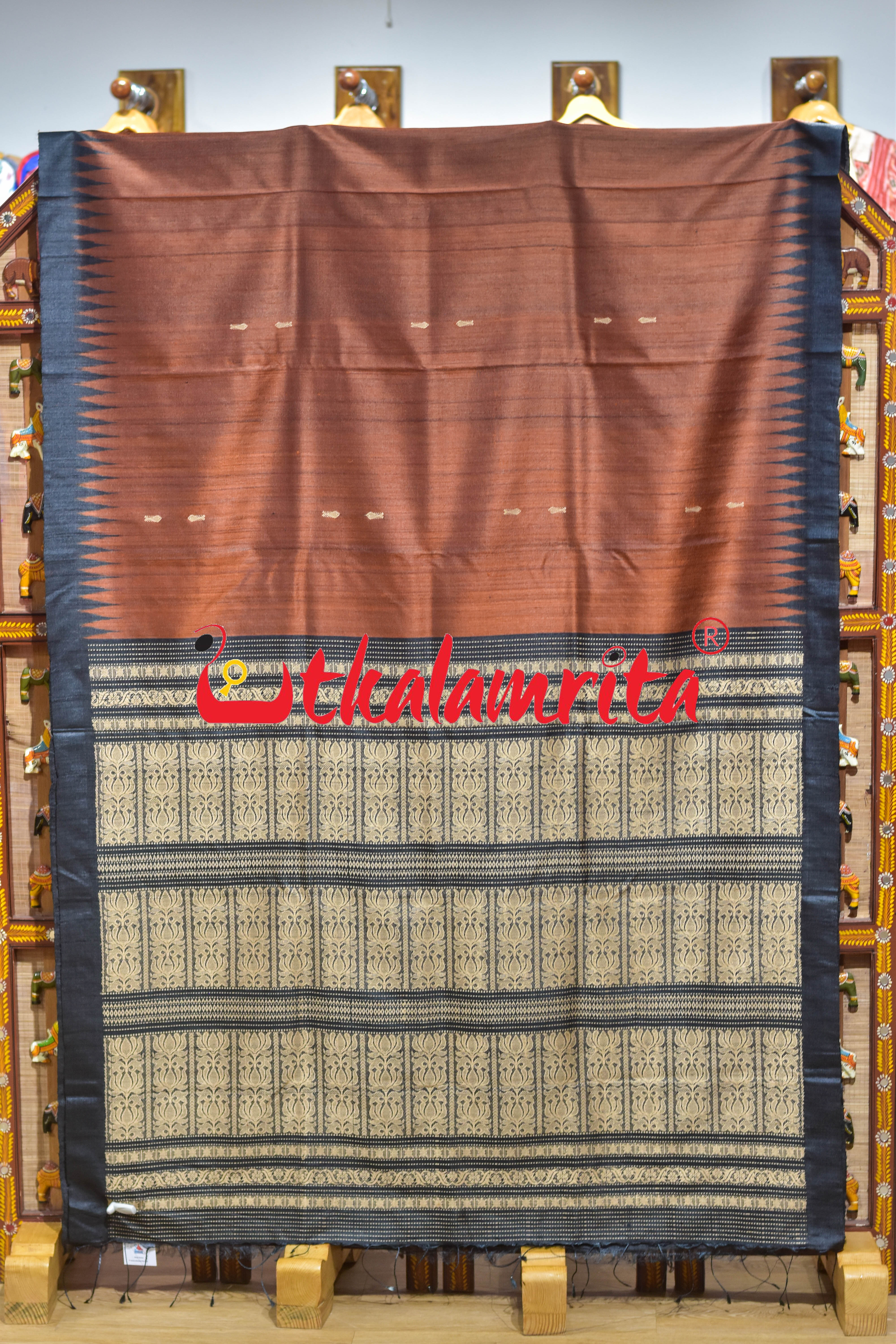 Rust Black Padma Jala Anchal Gopalpur Tussar Silk Saree