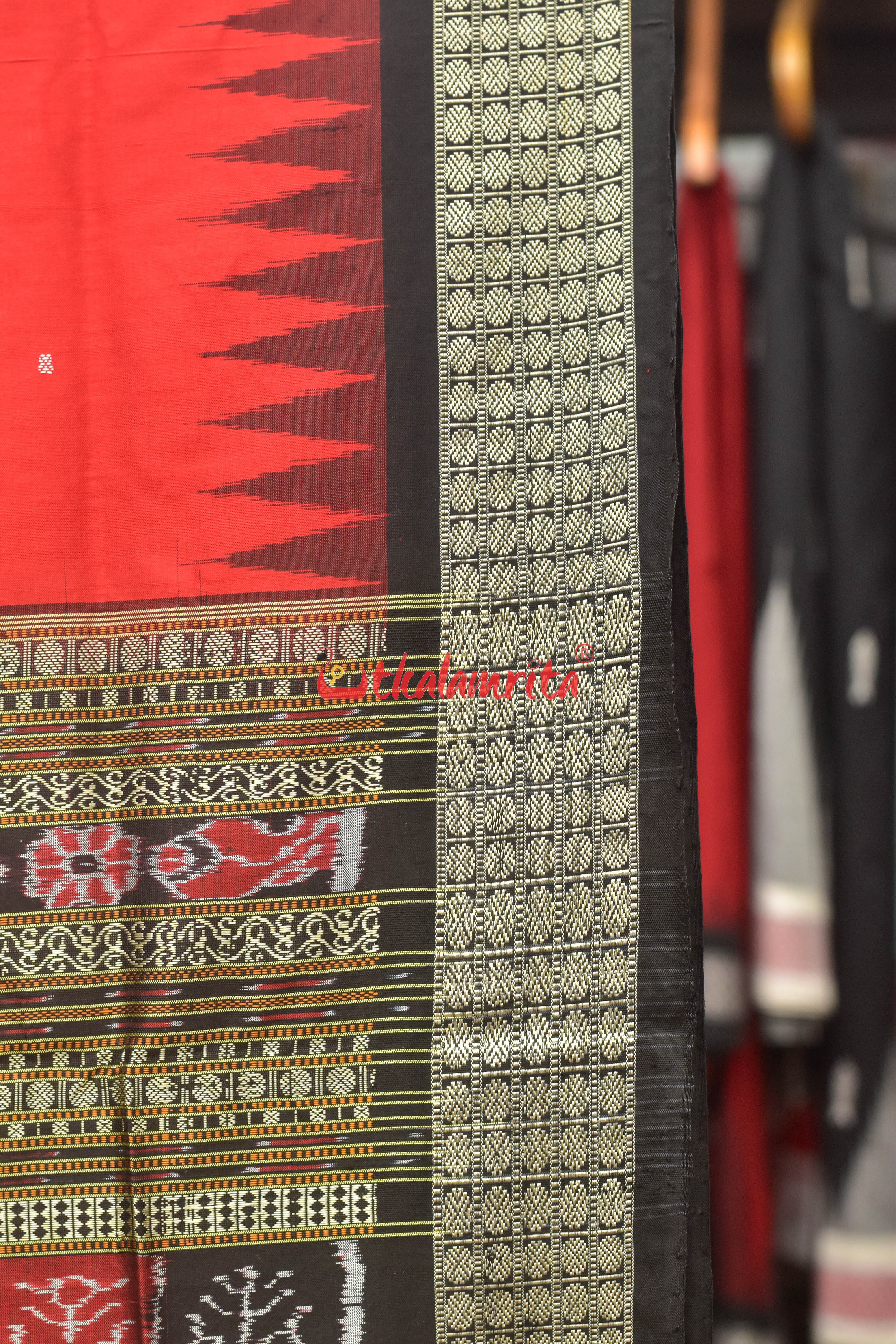 Red Plain Black Bomkai Silk Saree