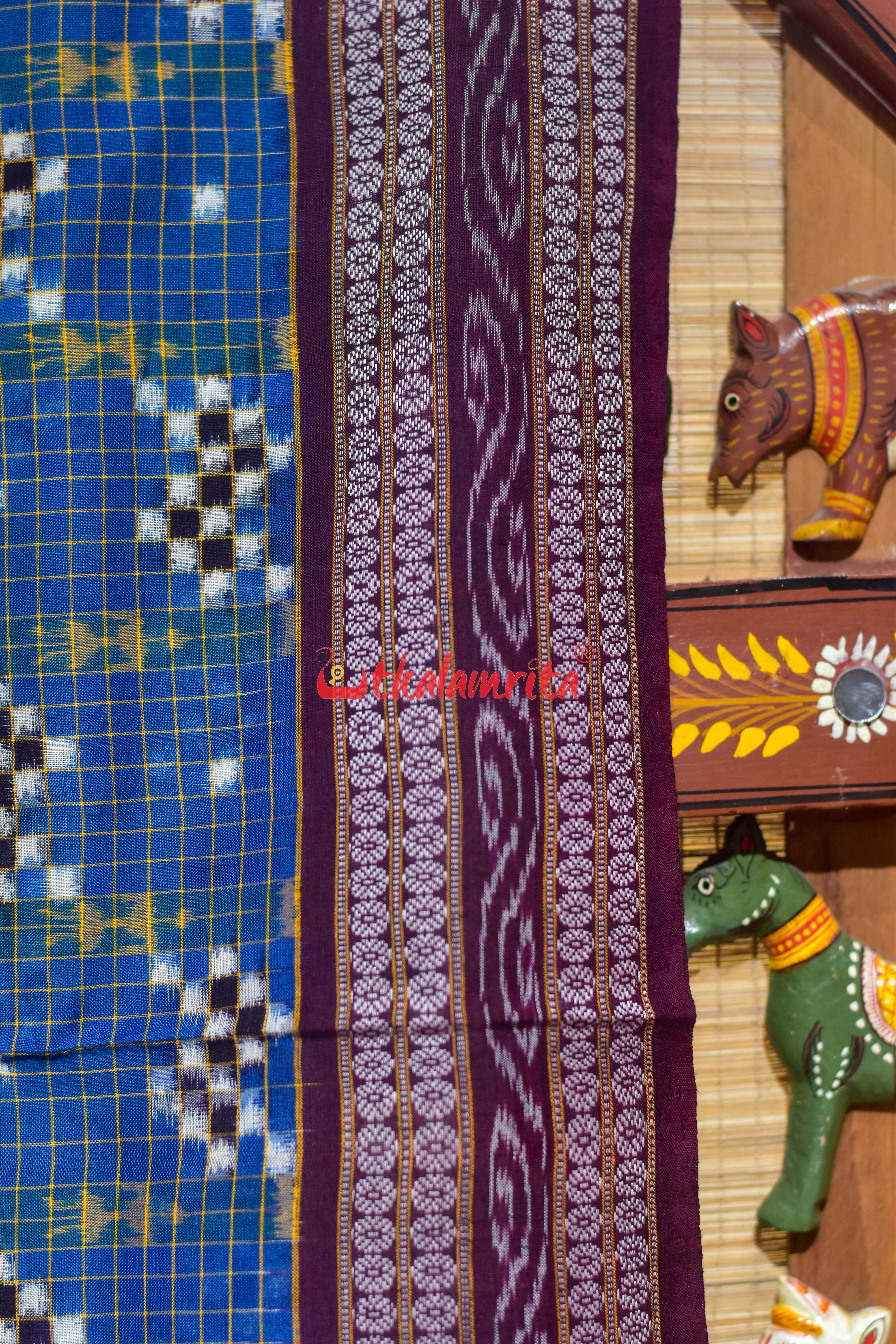 Deep Blue Check Pasapali Sambalpuri Cotton Saree