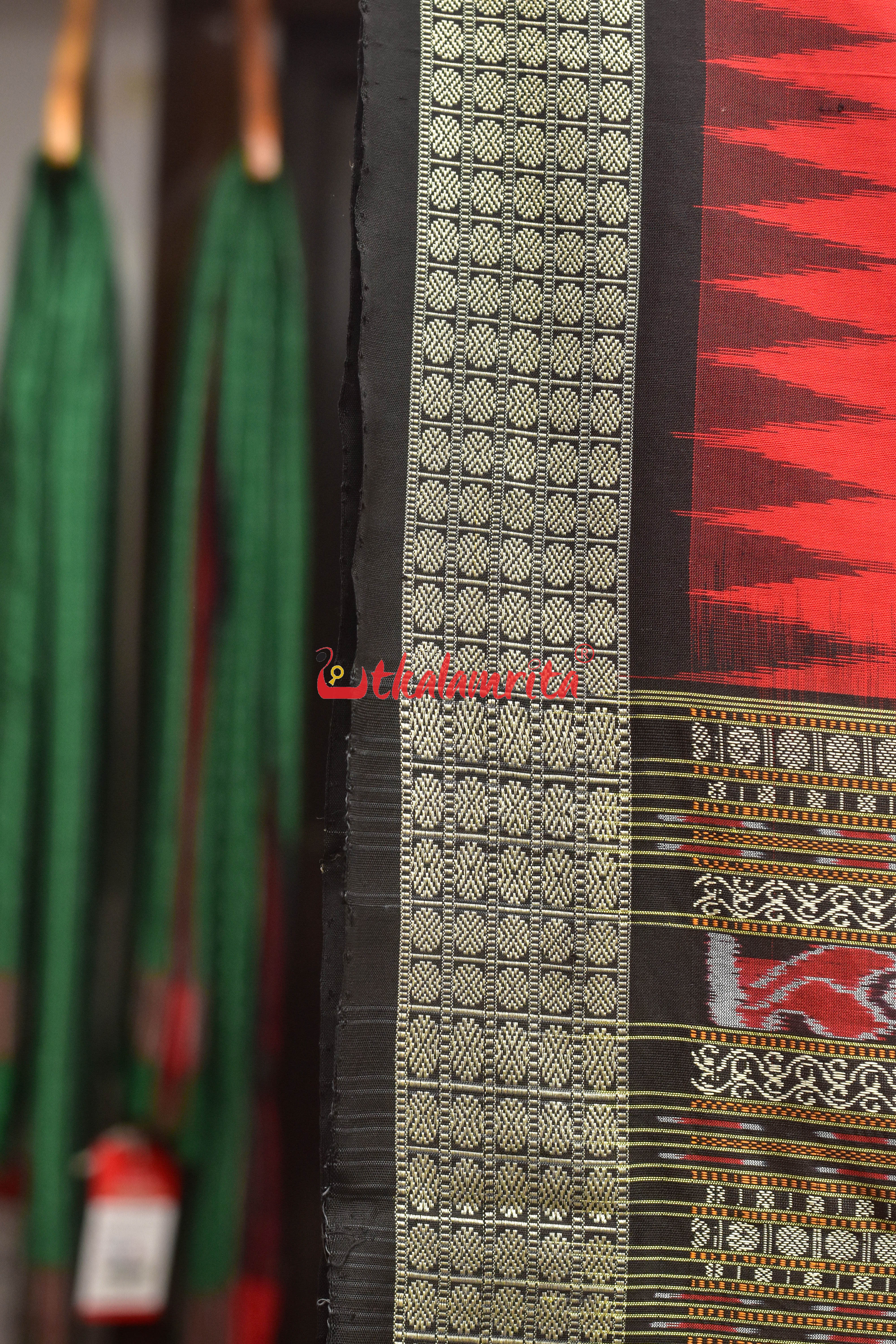 Red Plain Black Bomkai Silk Saree