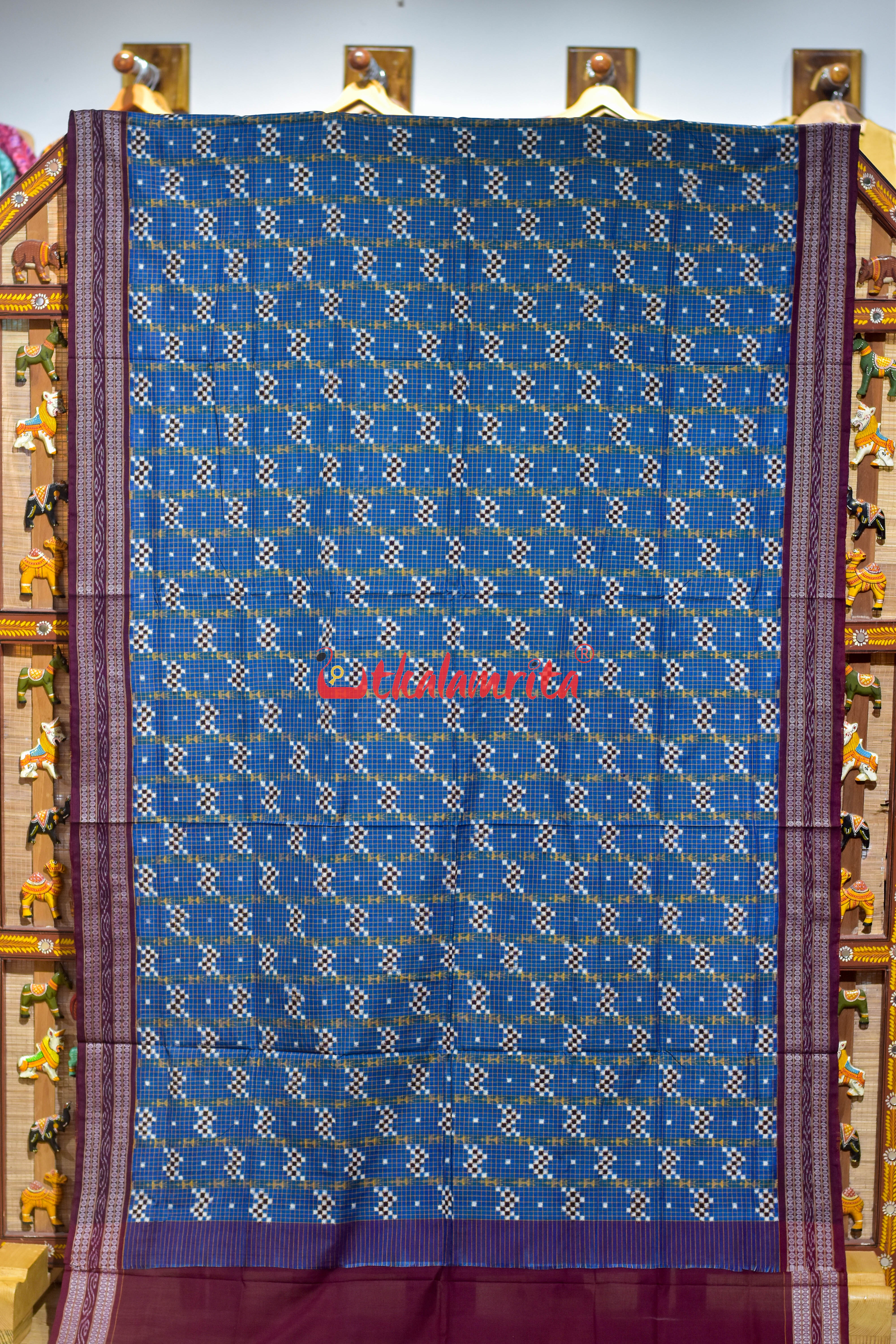 Deep Blue Check Pasapali Sambalpuri Cotton Saree