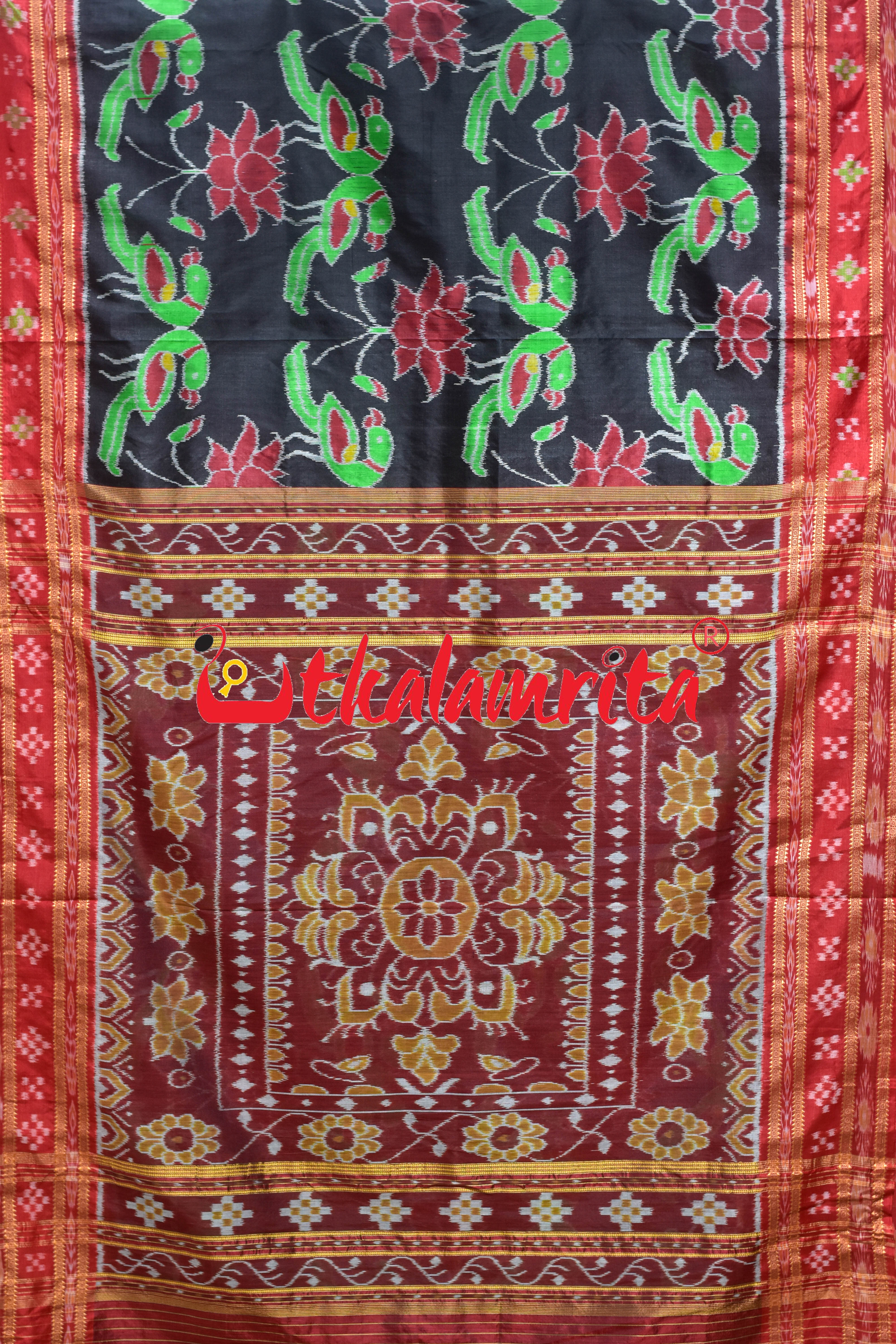 Black Red Sua Padma Khandua Silk Saree