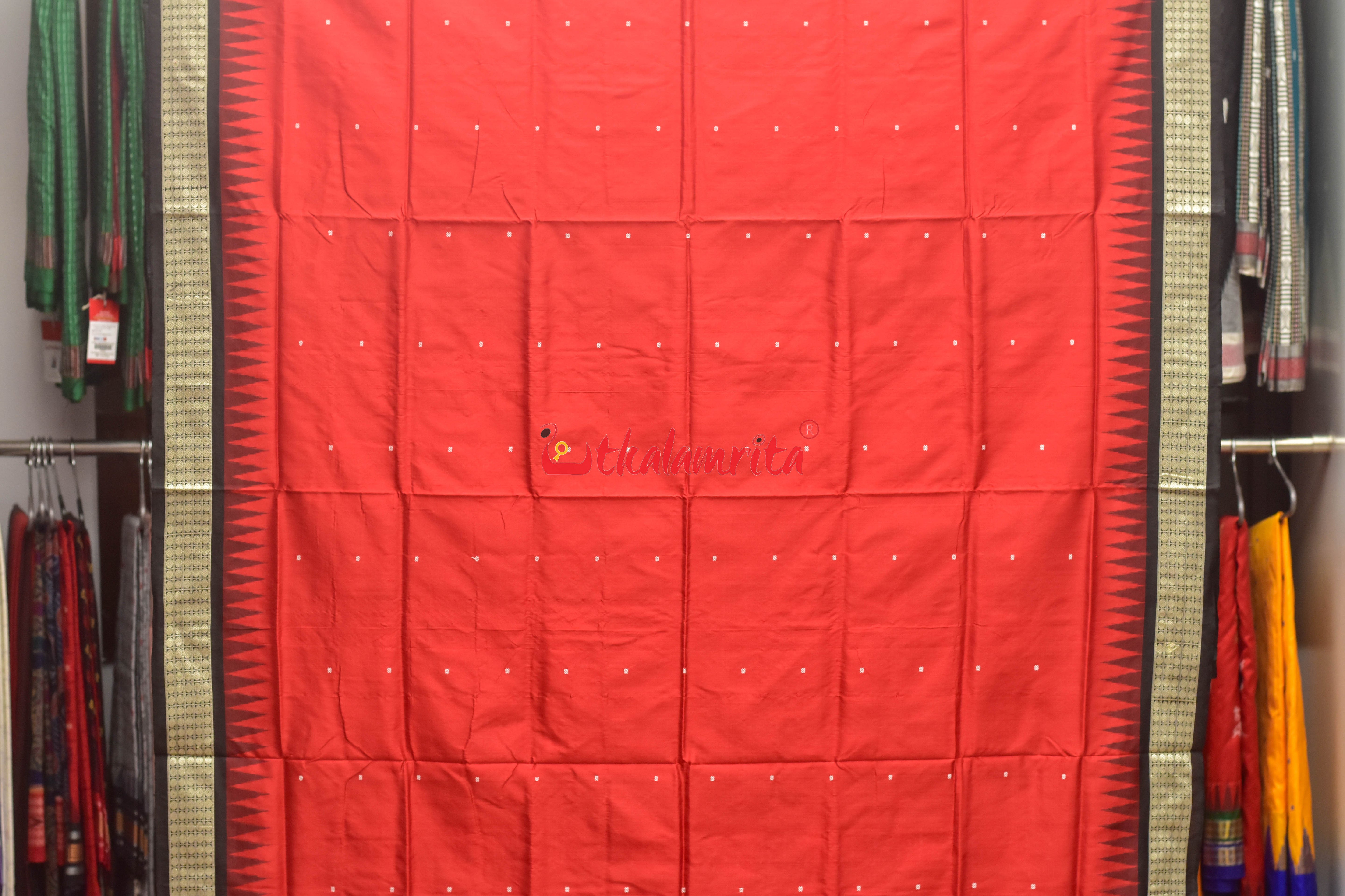 Red Plain Black Bomkai Silk Saree