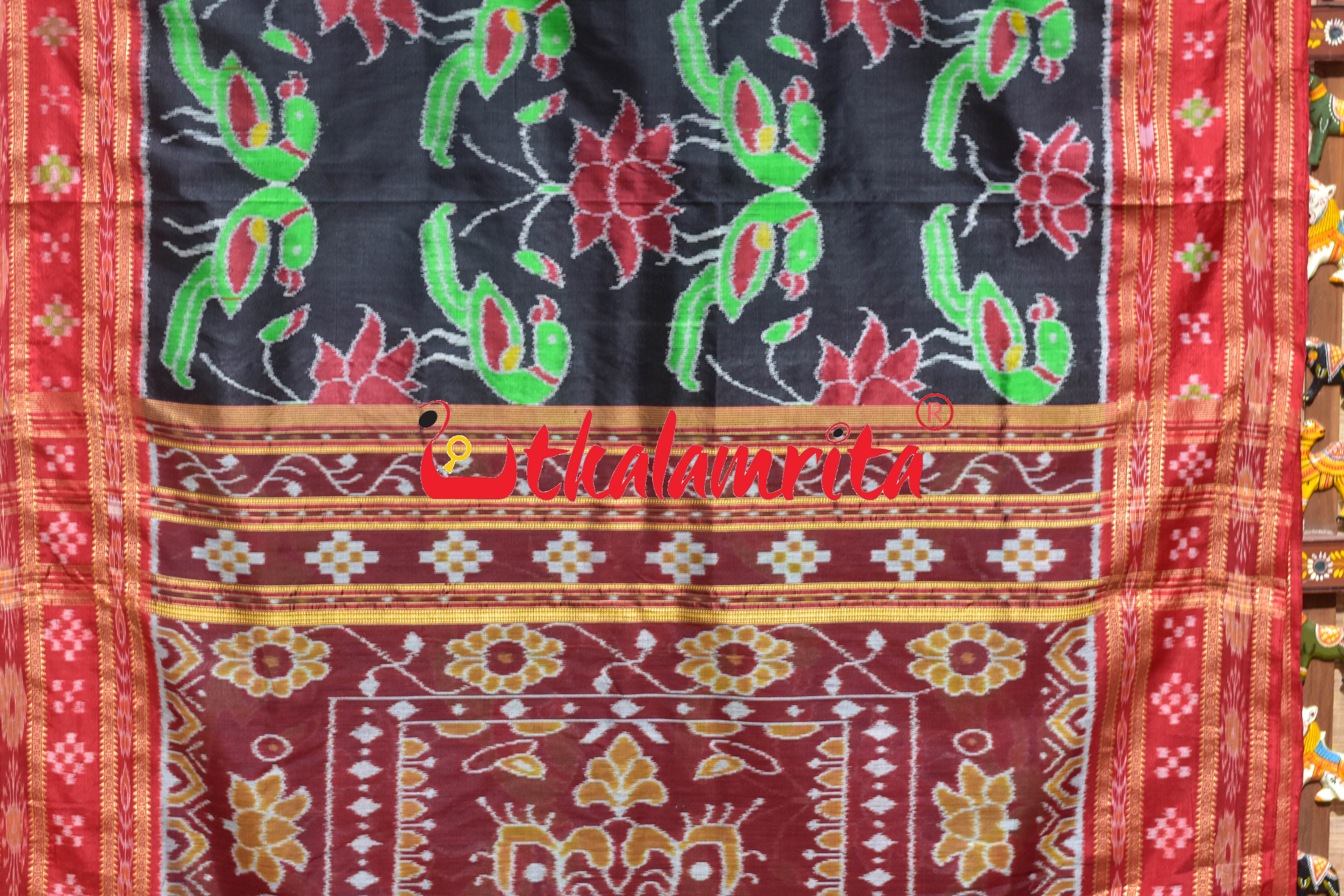 Black Red Sua Padma Khandua Silk Saree