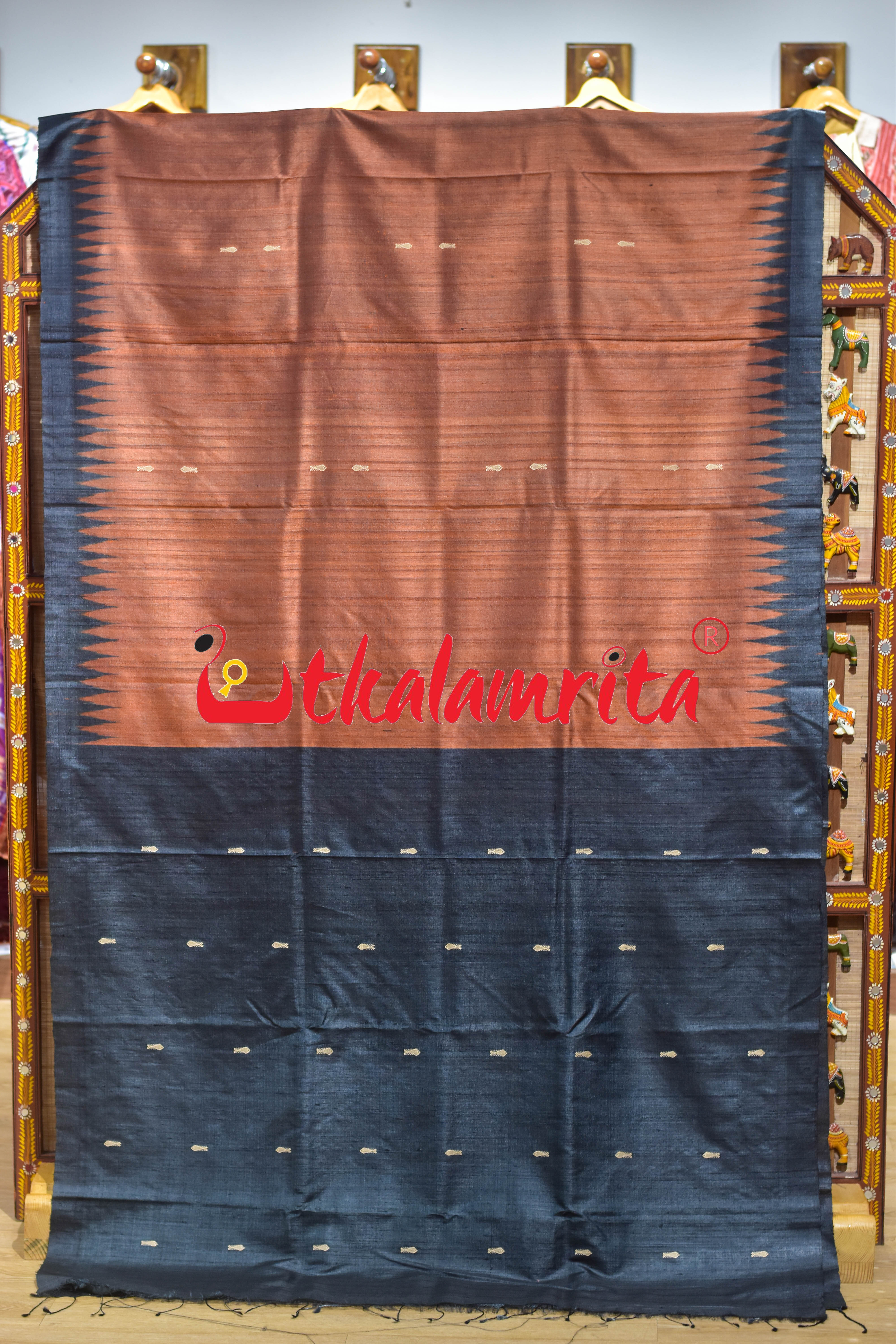 Rust Black Padma Jala Anchal Gopalpur Tussar Silk Saree