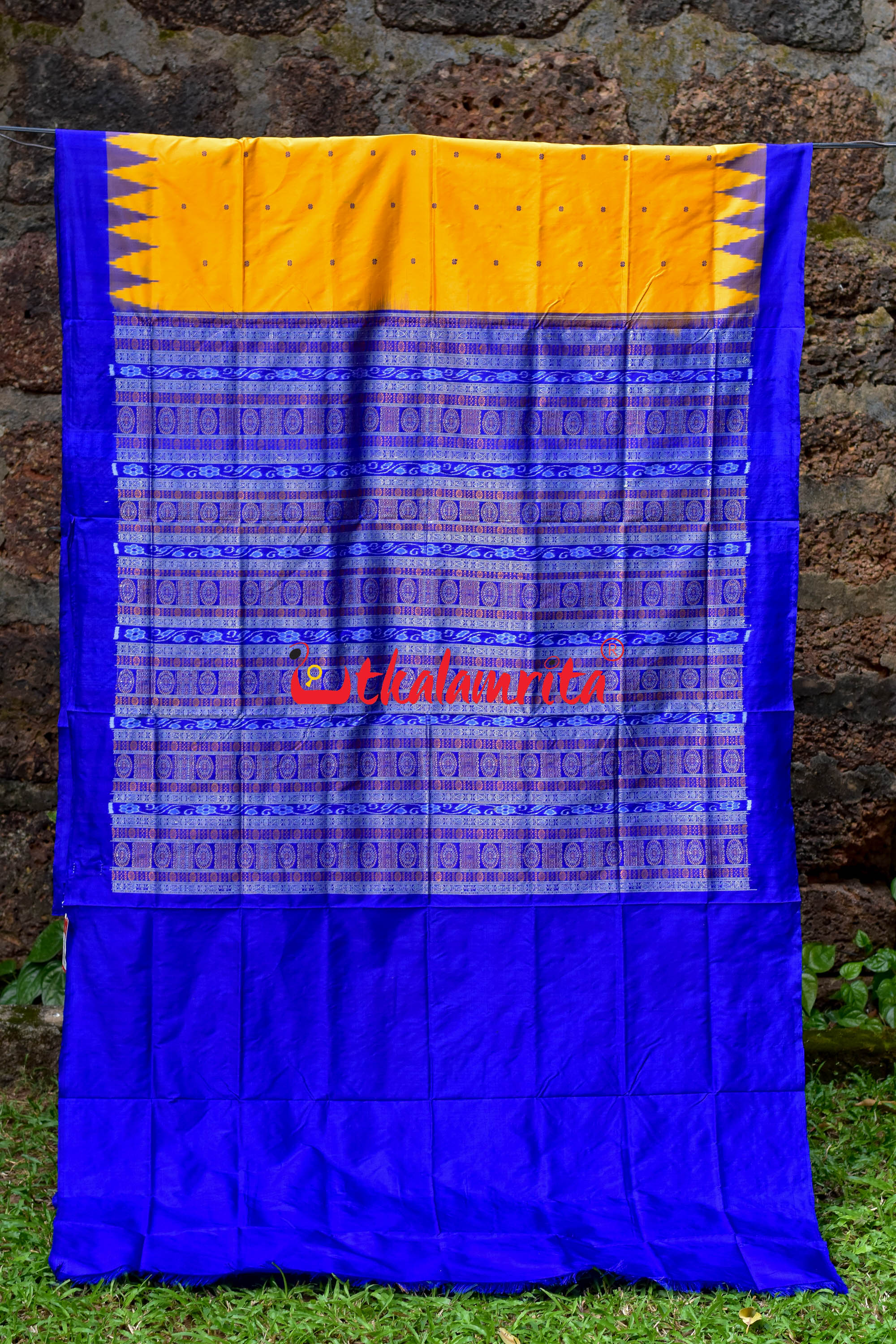 Plain Kumbha Yellow Blue Sambalpuri Silk
