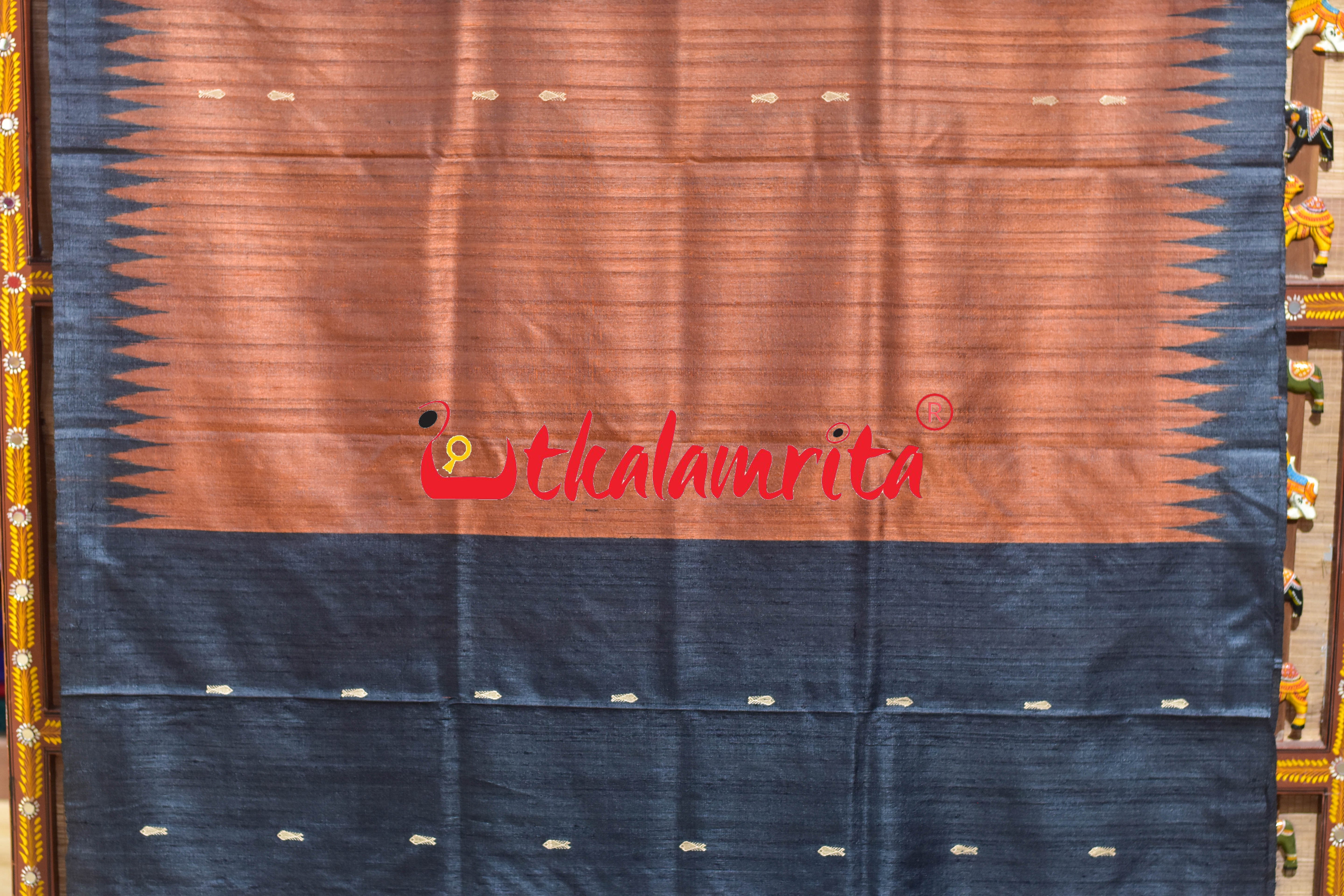 Rust Black Padma Jala Anchal Gopalpur Tussar Silk Saree