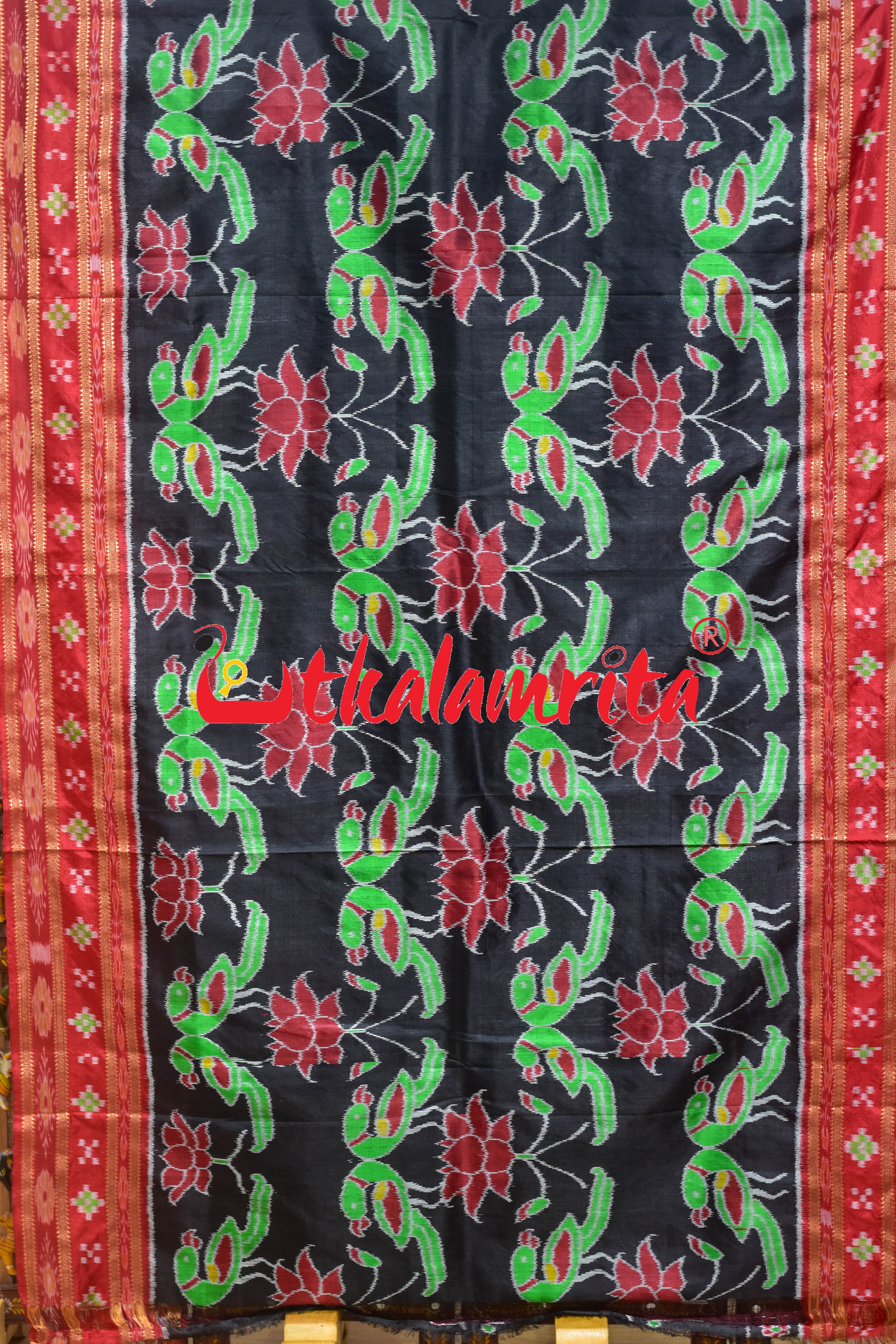 Black Red Sua Padma Khandua Silk Saree