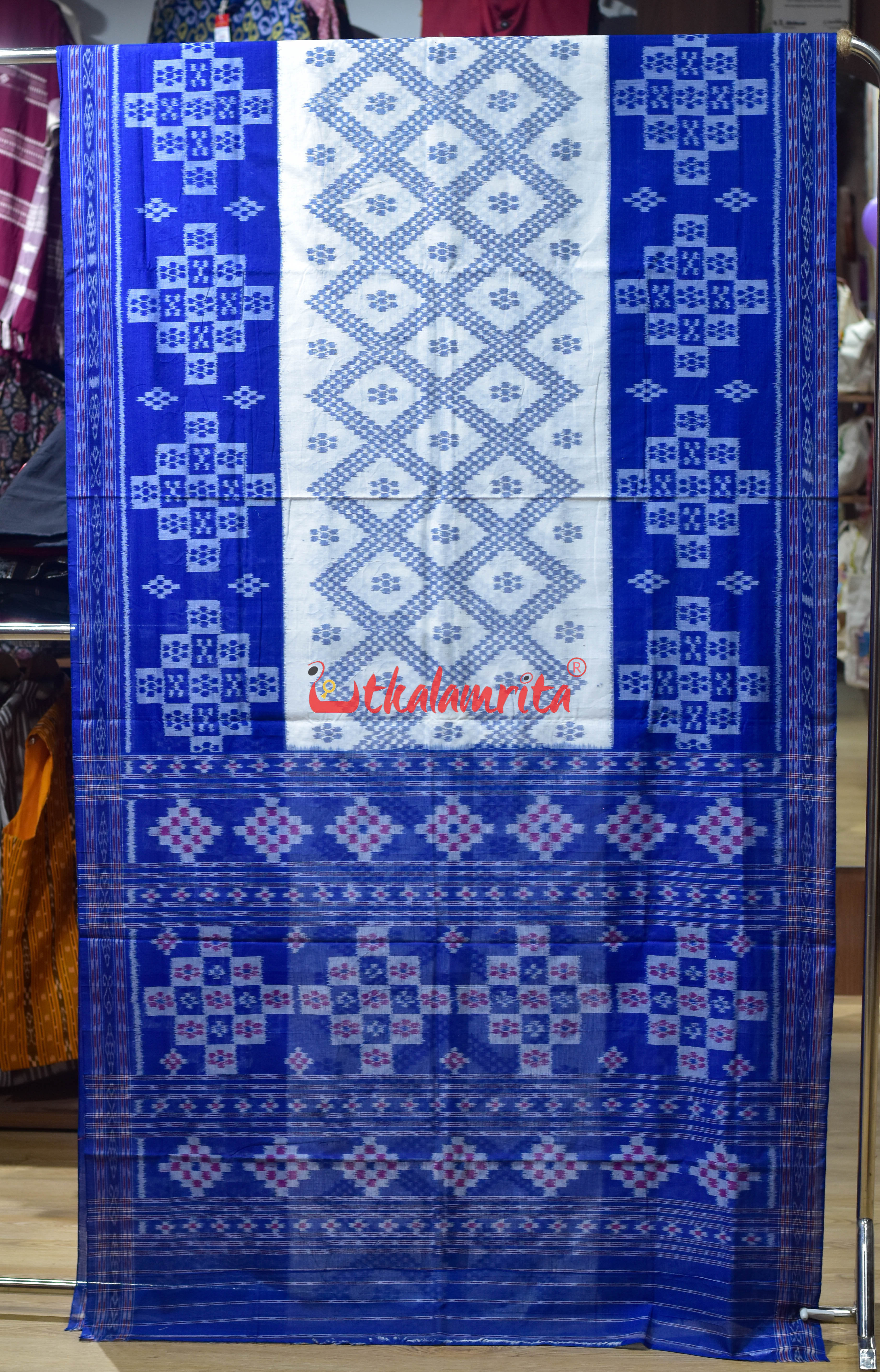 White Blue Bada Phula Khandua Cotton Saree