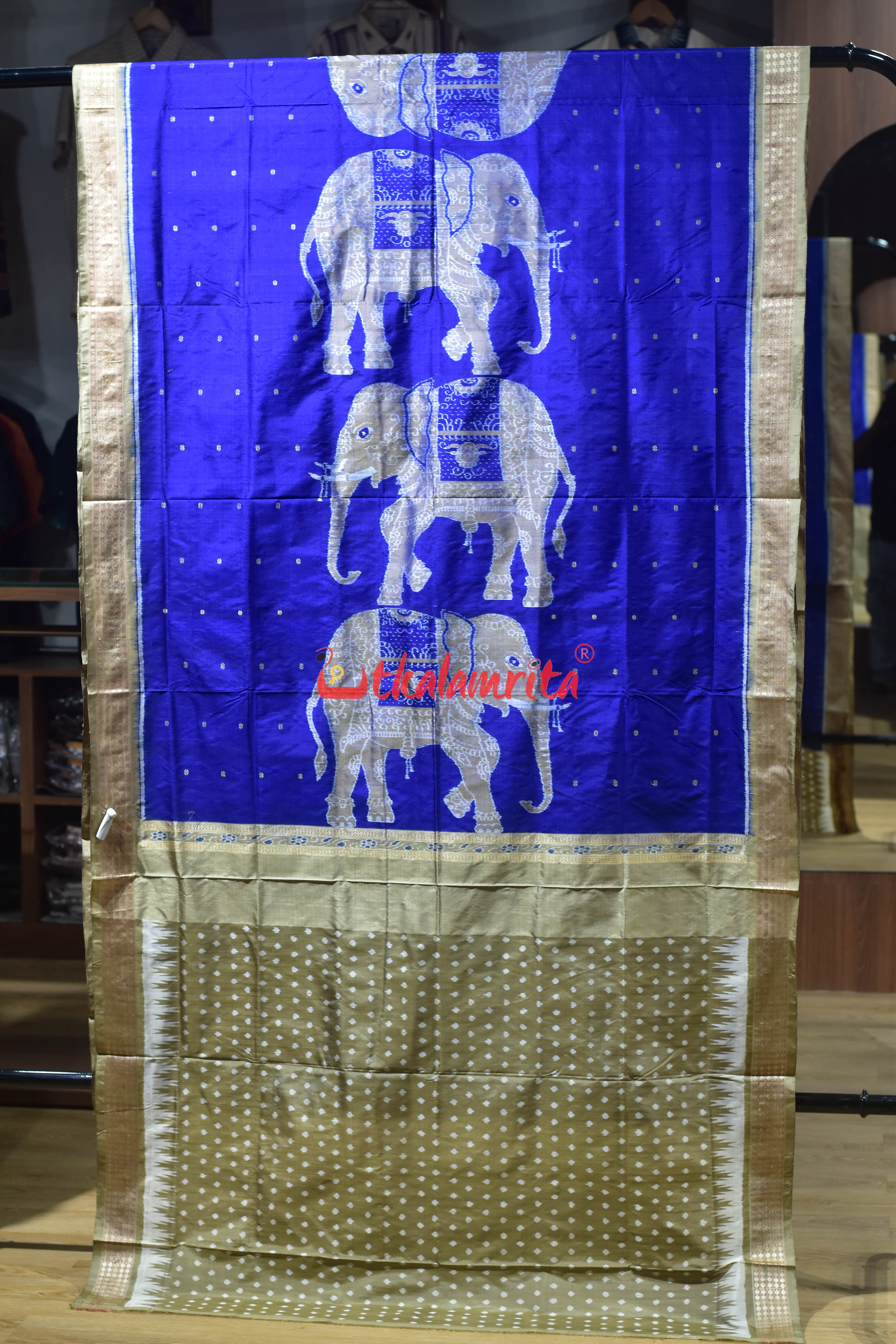 Blue Golden Bada Hathi Sambalpuri Silk Saree