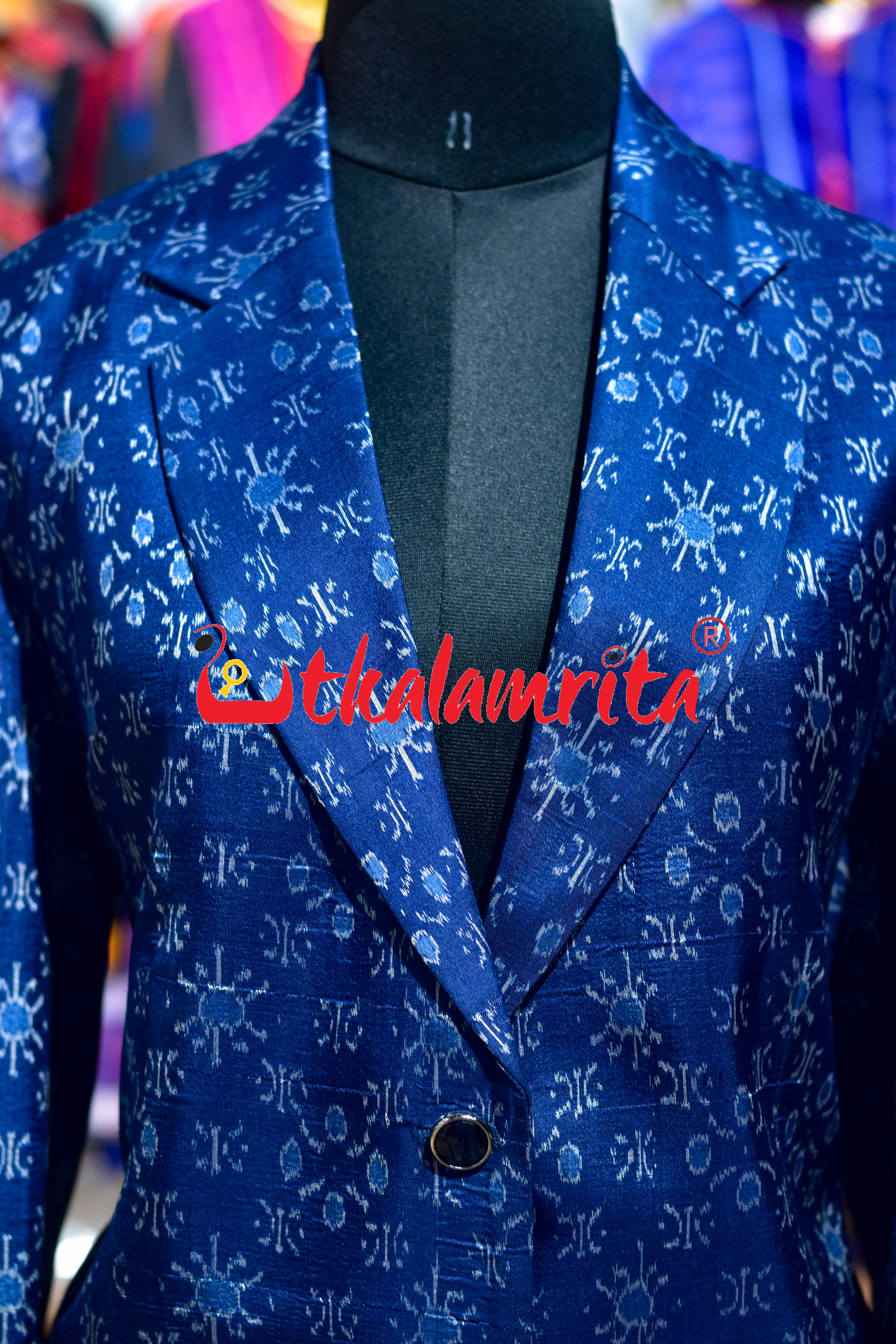 Royal Blue Star Flower Sambalpuri Silk Long (Ladies' Blazer)