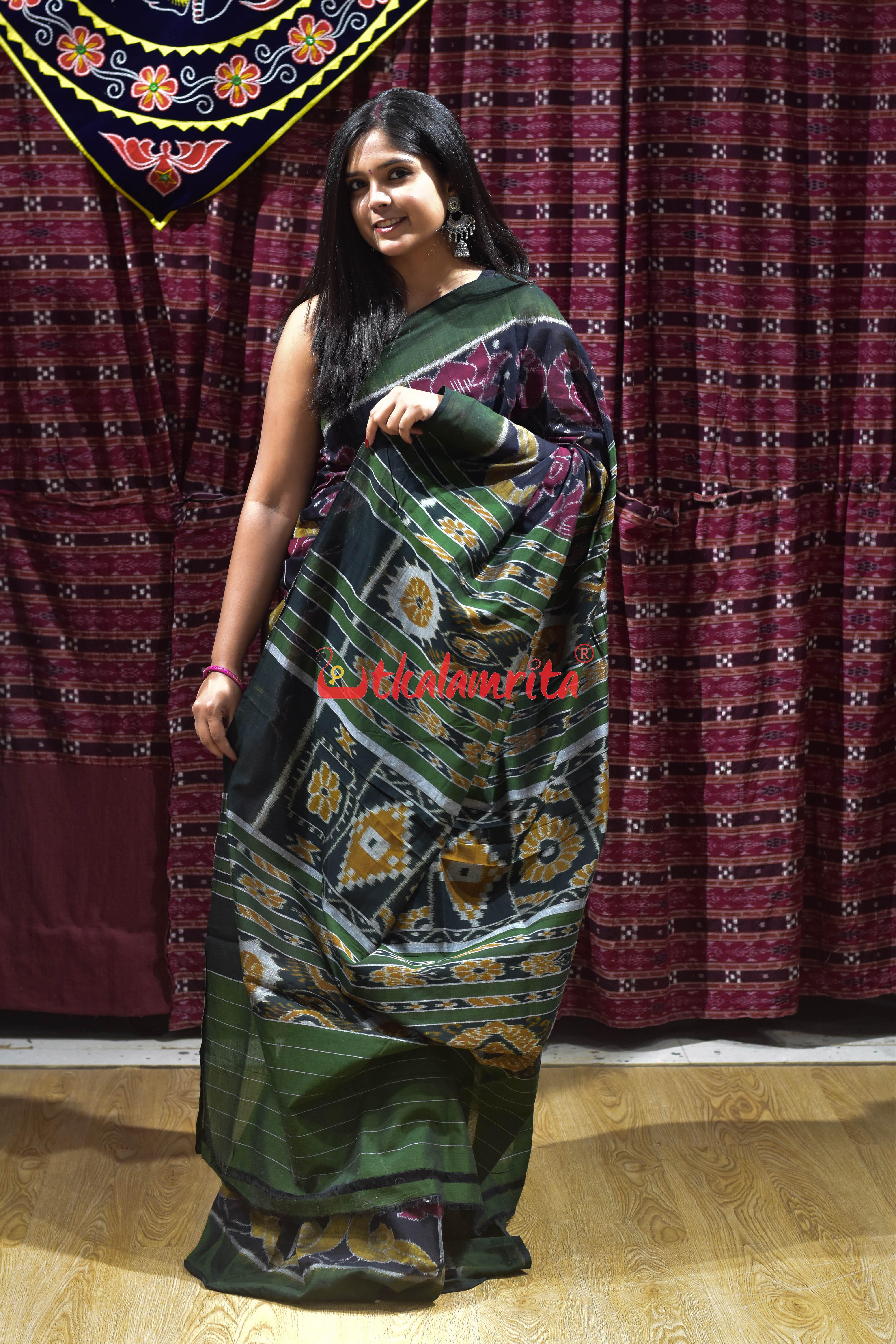 Lotus Parrot Black Khandua Cotton Saree