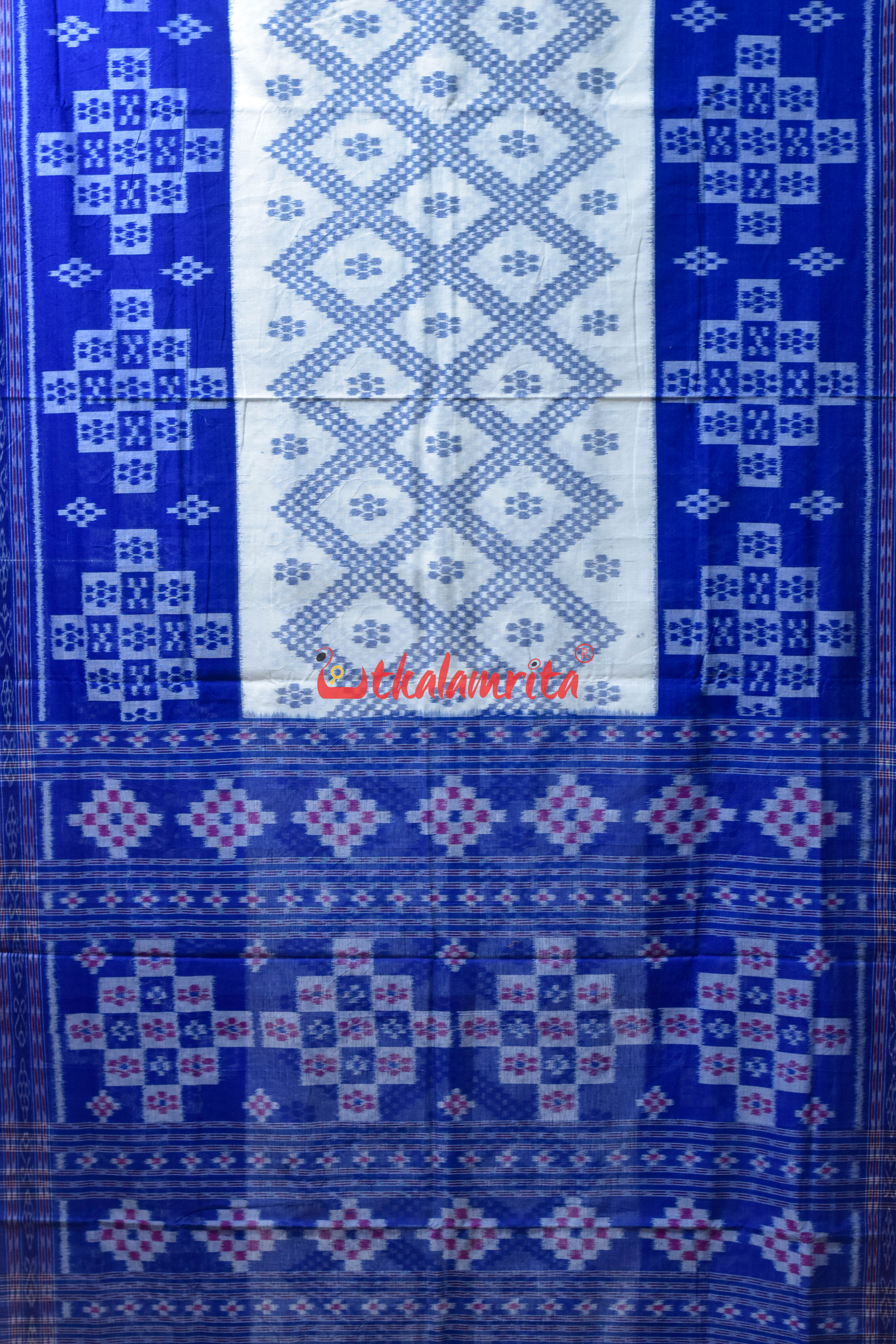 White Blue Bada Phula Khandua Cotton Saree