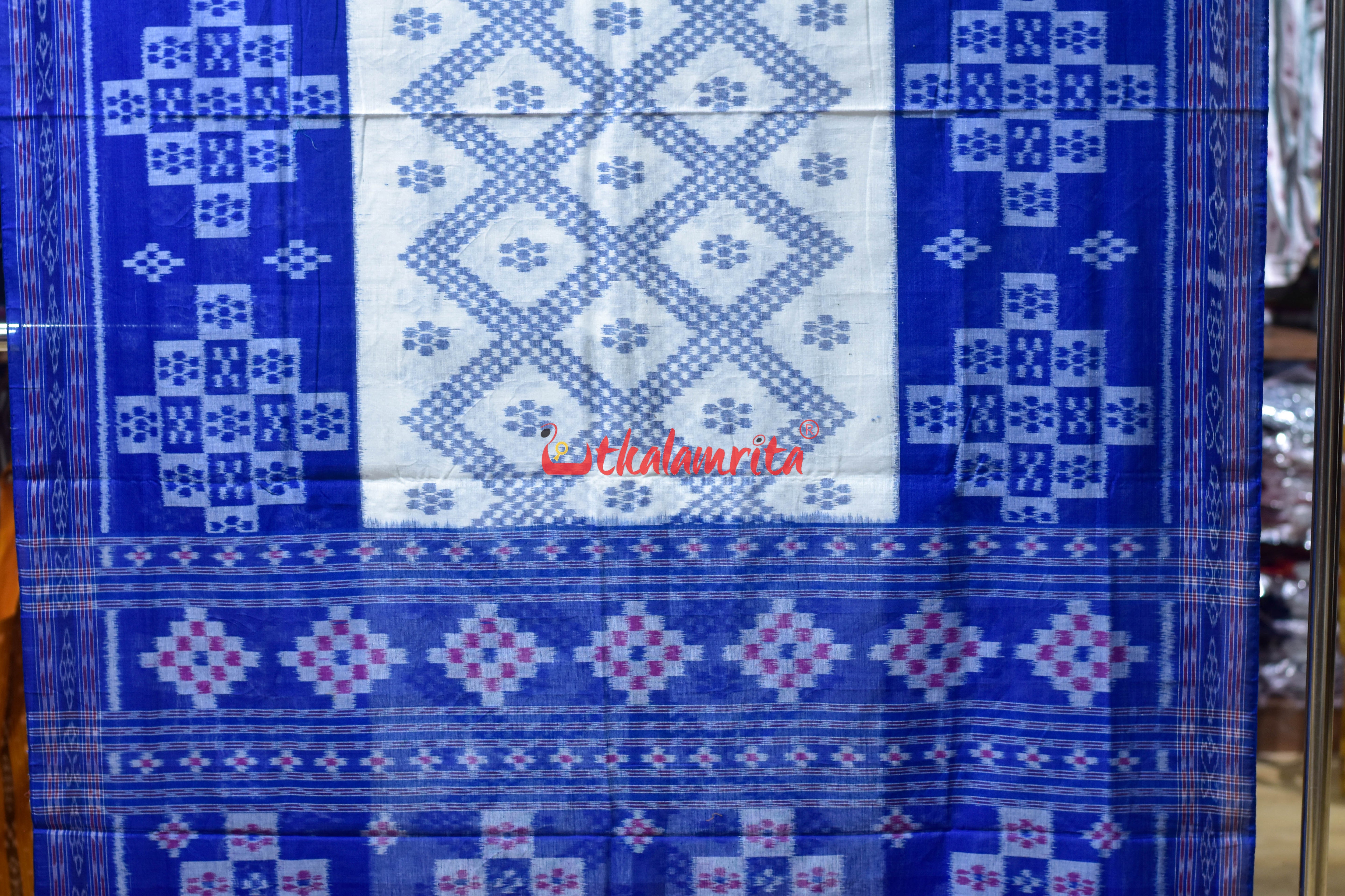 White Blue Bada Phula Khandua Cotton Saree