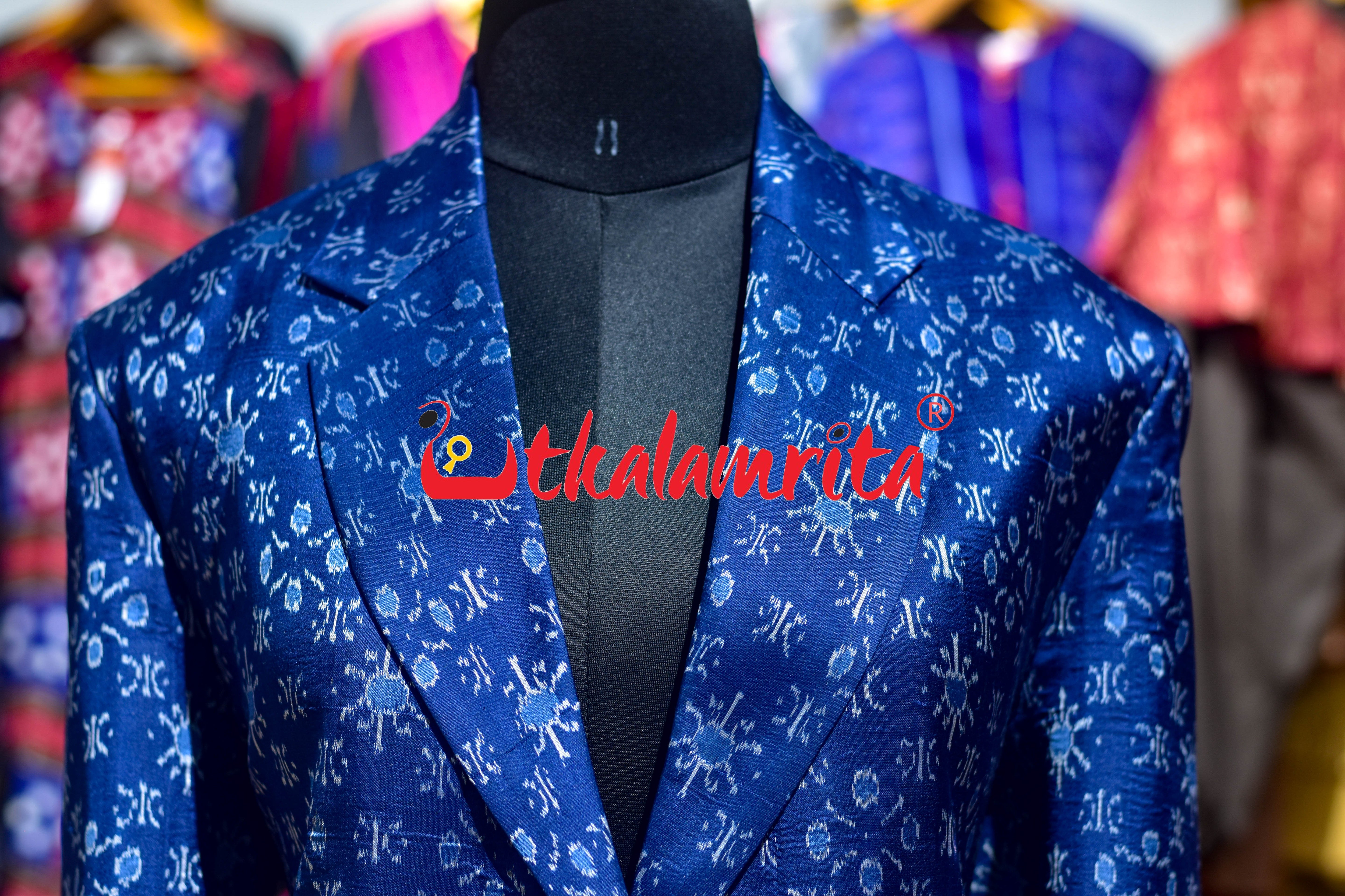 Royal Blue Star Flower Sambalpuri Silk Long (Ladies' Blazer)