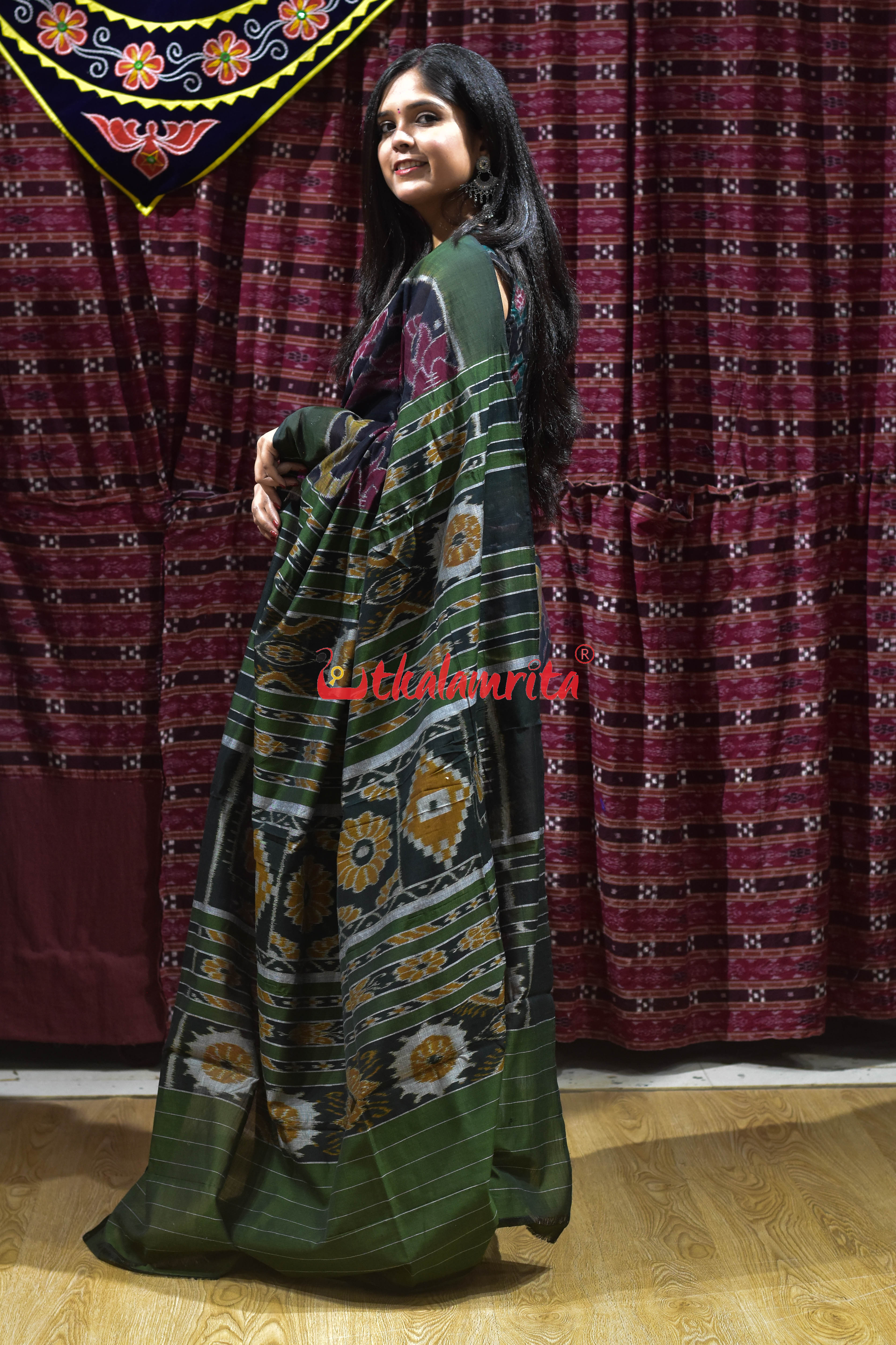 Lotus Parrot Black Khandua Cotton Saree