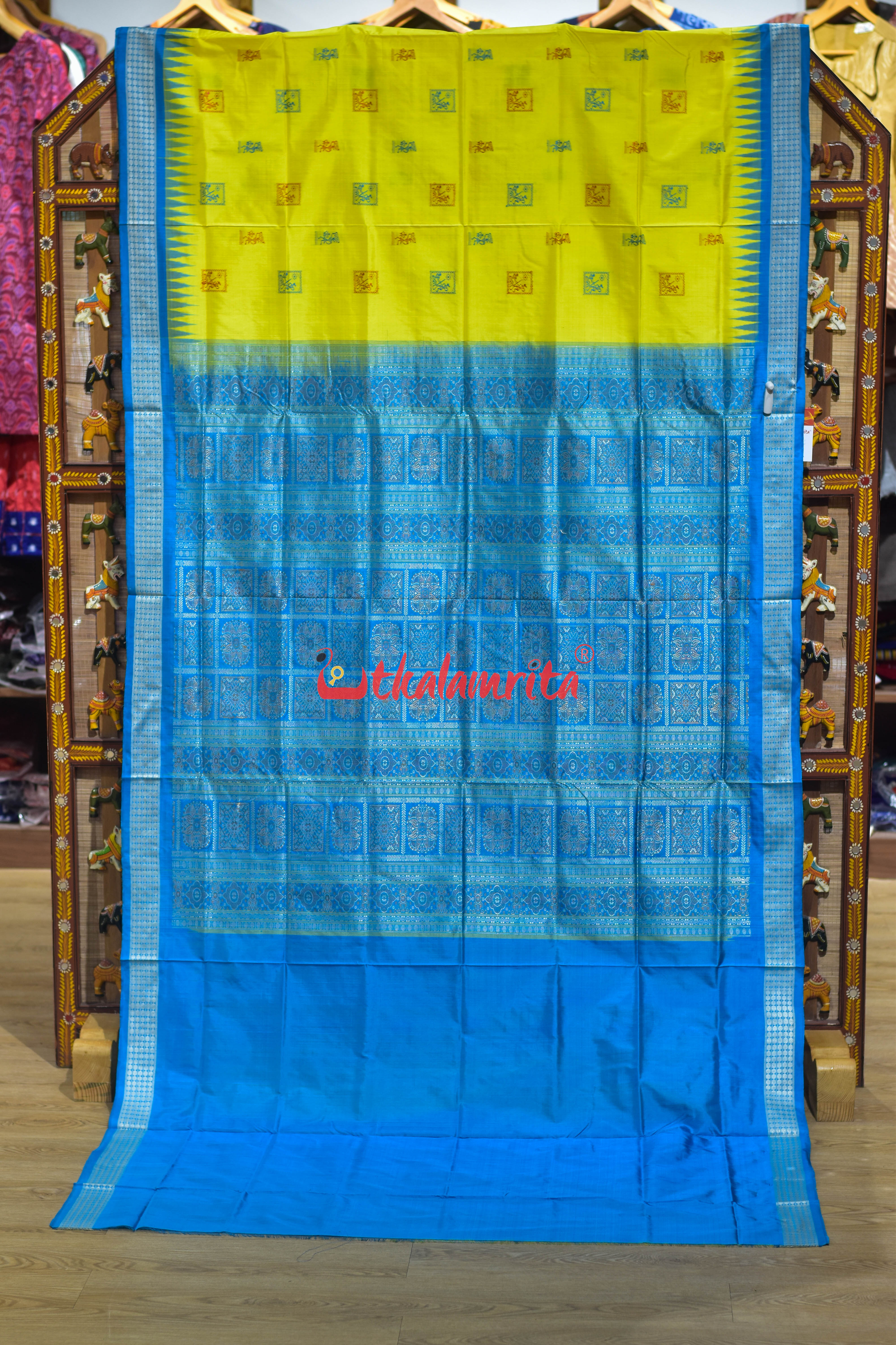 Lemon Yellow Copper Sulphate Box Tribal Bomkai Silk Saree