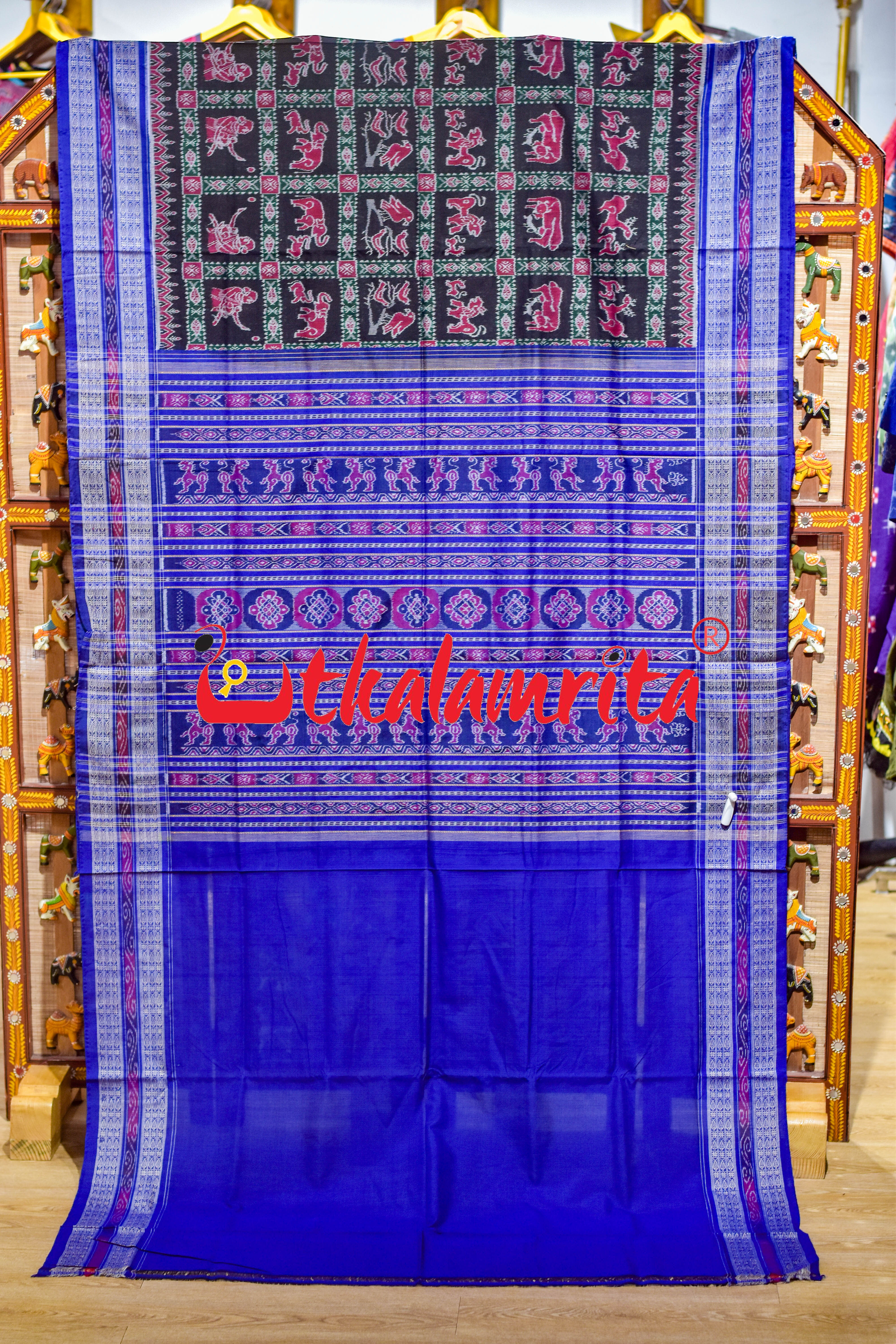 Black Blue Jungle Theme Sambalpuri Cotton Saree