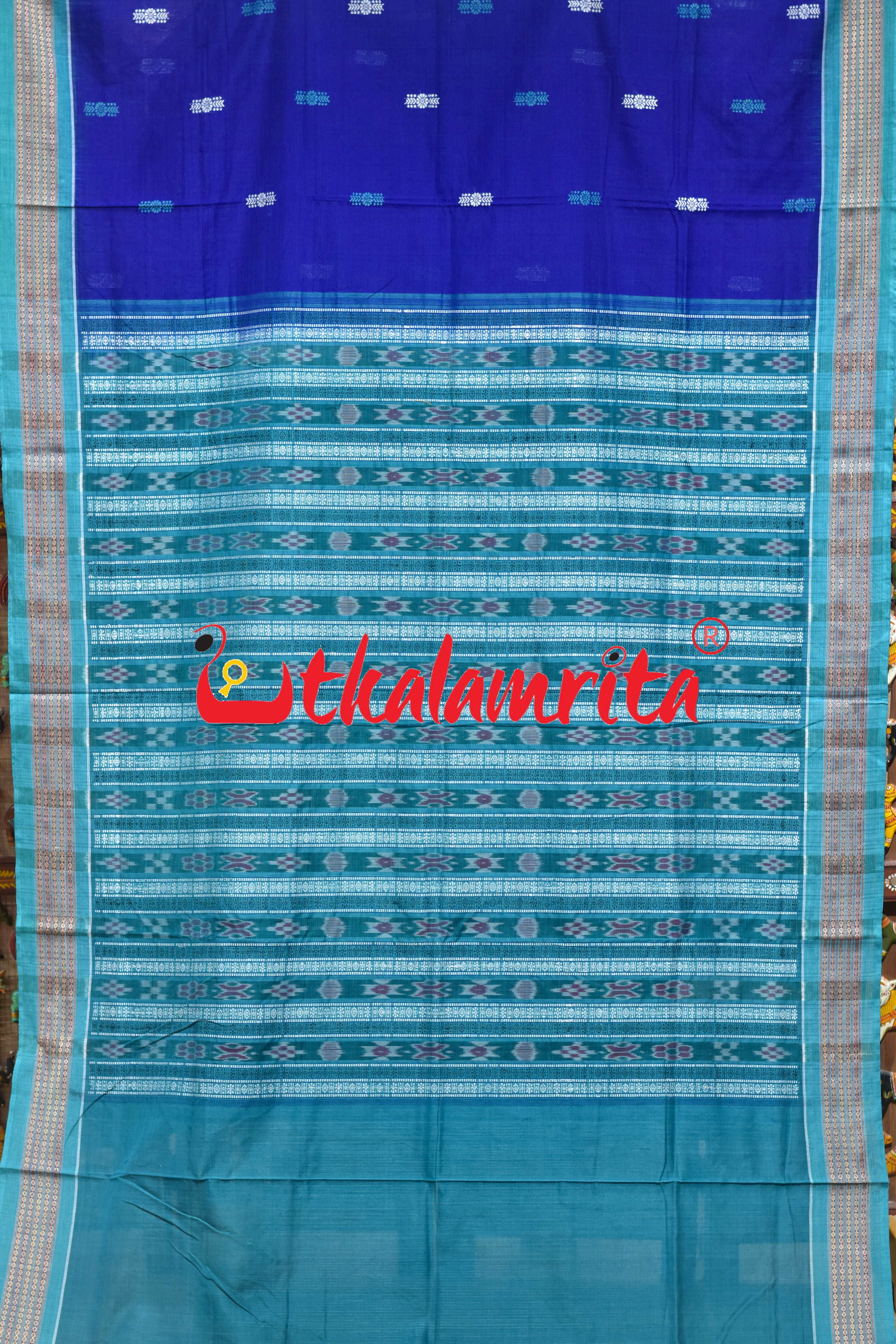 Blue Rama Green Flower Bomkai Cotton Saree