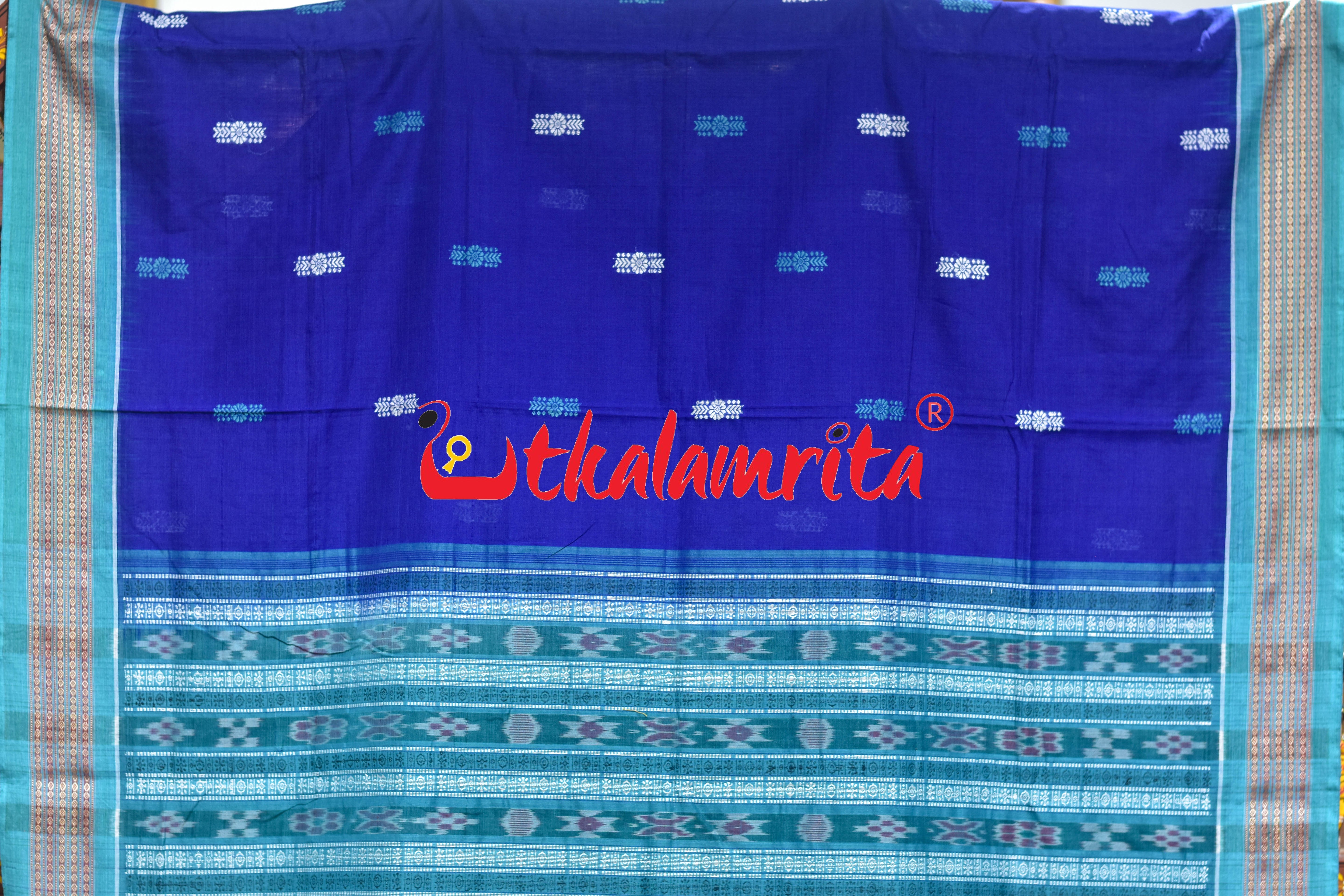 Blue Rama Green Flower Bomkai Cotton Saree