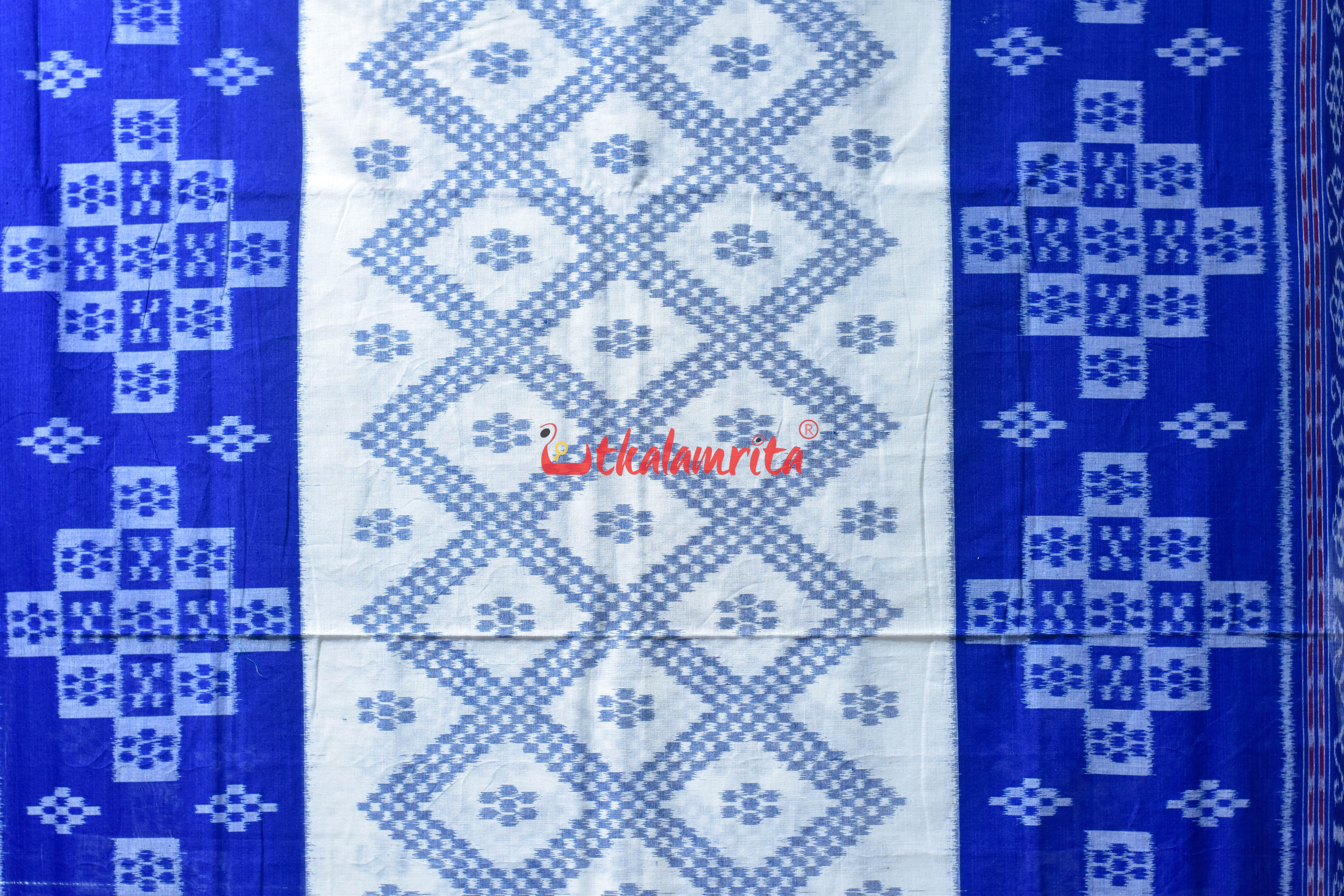 White Blue Bada Phula Khandua Cotton Saree