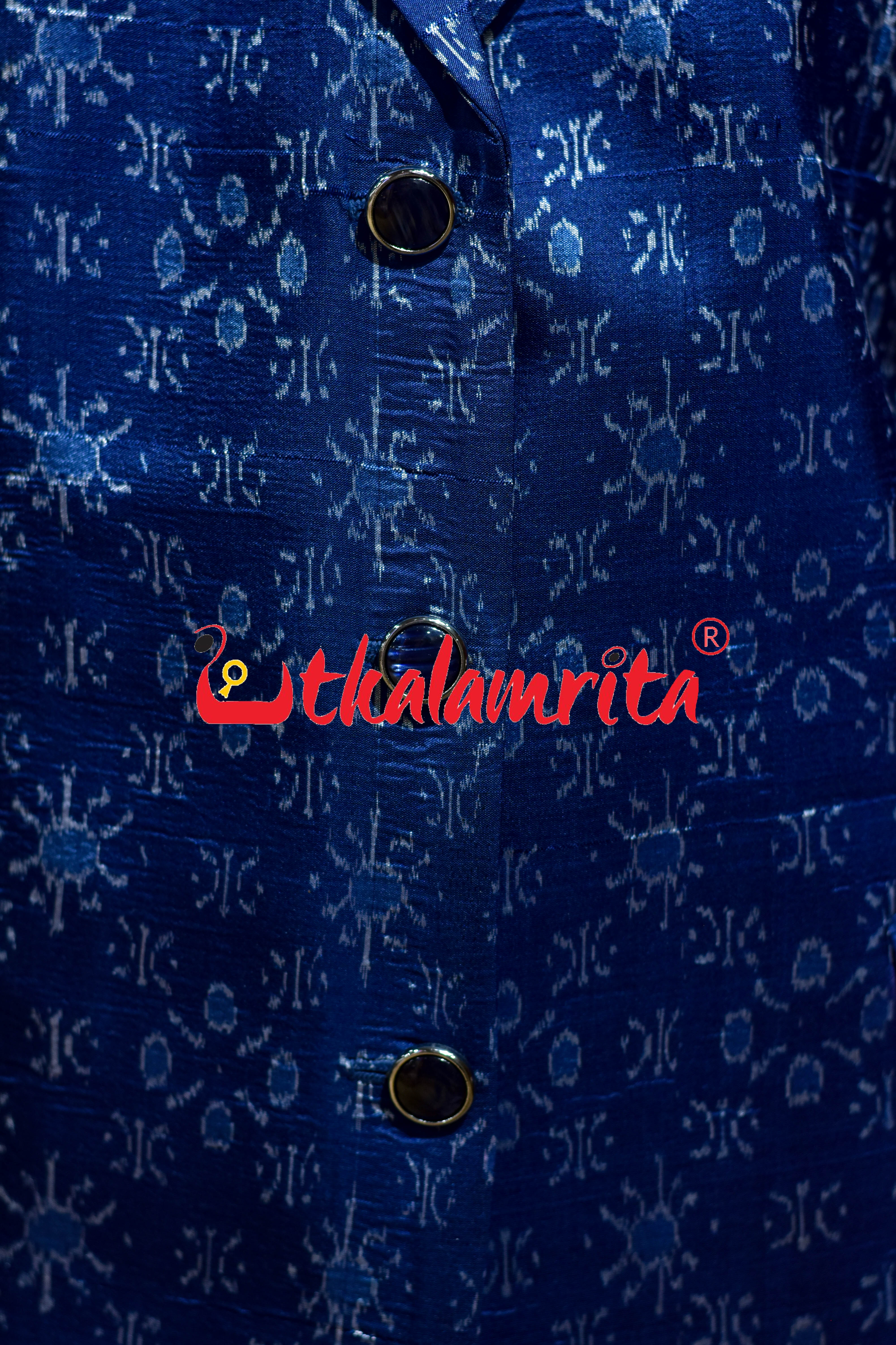 Royal Blue Star Flower Sambalpuri Silk Long (Ladies' Blazer)