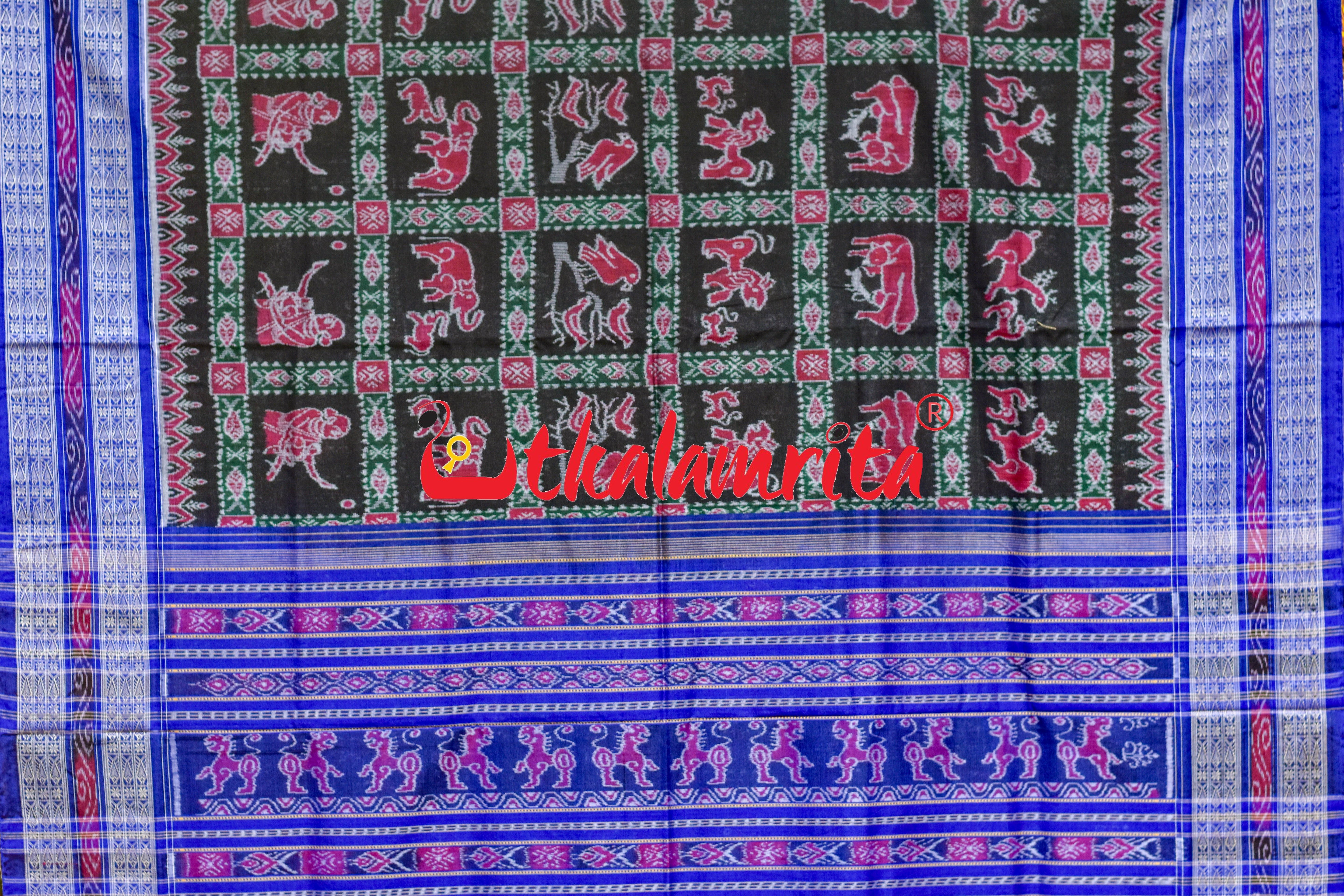 Black Blue Jungle Theme Sambalpuri Cotton Saree