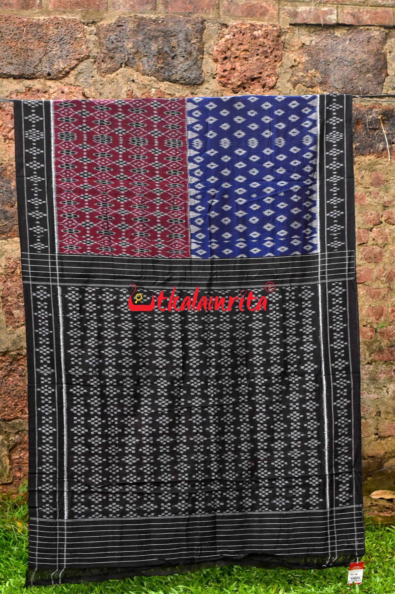 Half Half Maroon Blue Khandua Cotton Saree