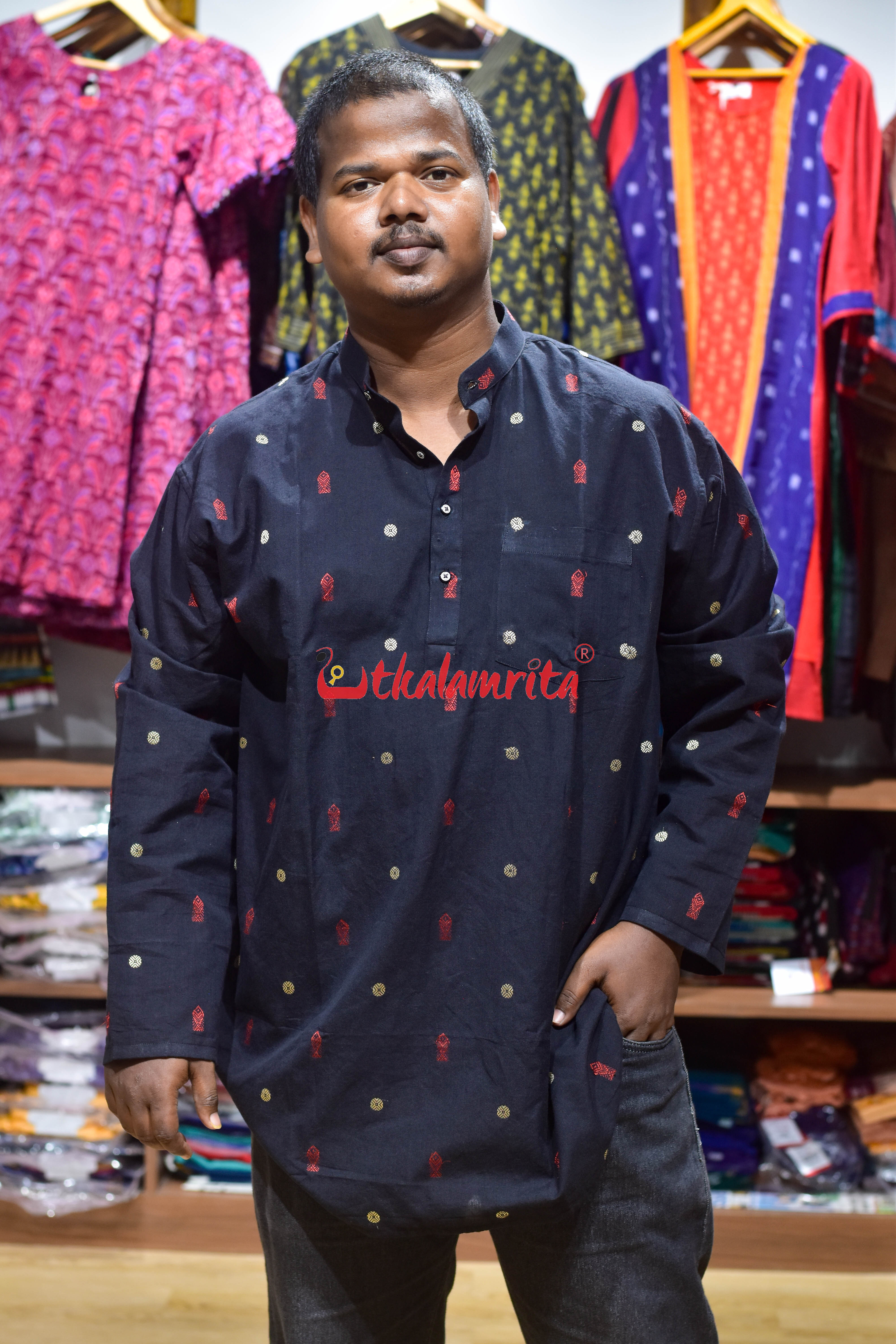 Black Red Fish Buti (Men's Short Kurta)