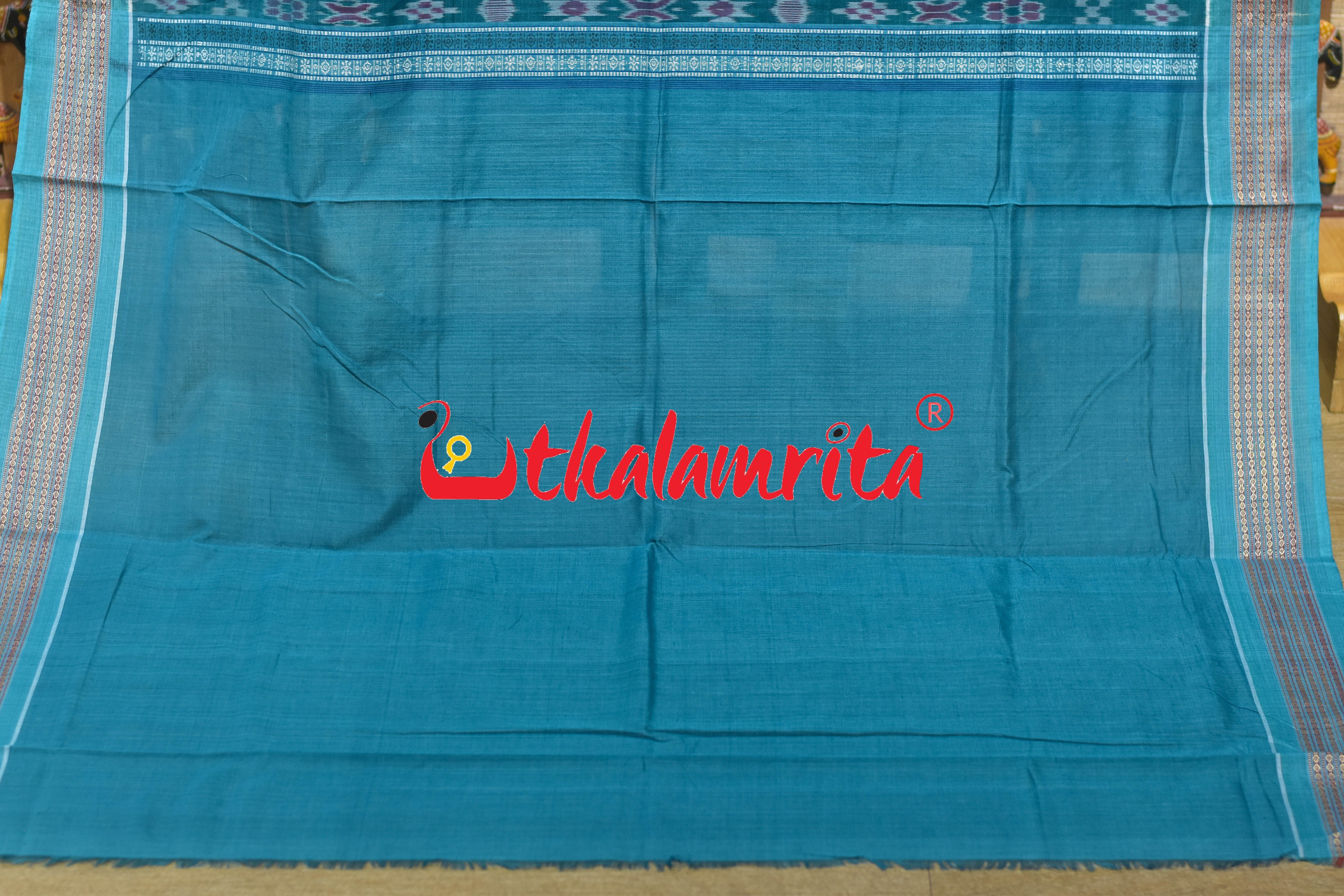 Blue Rama Green Flower Bomkai Cotton Saree