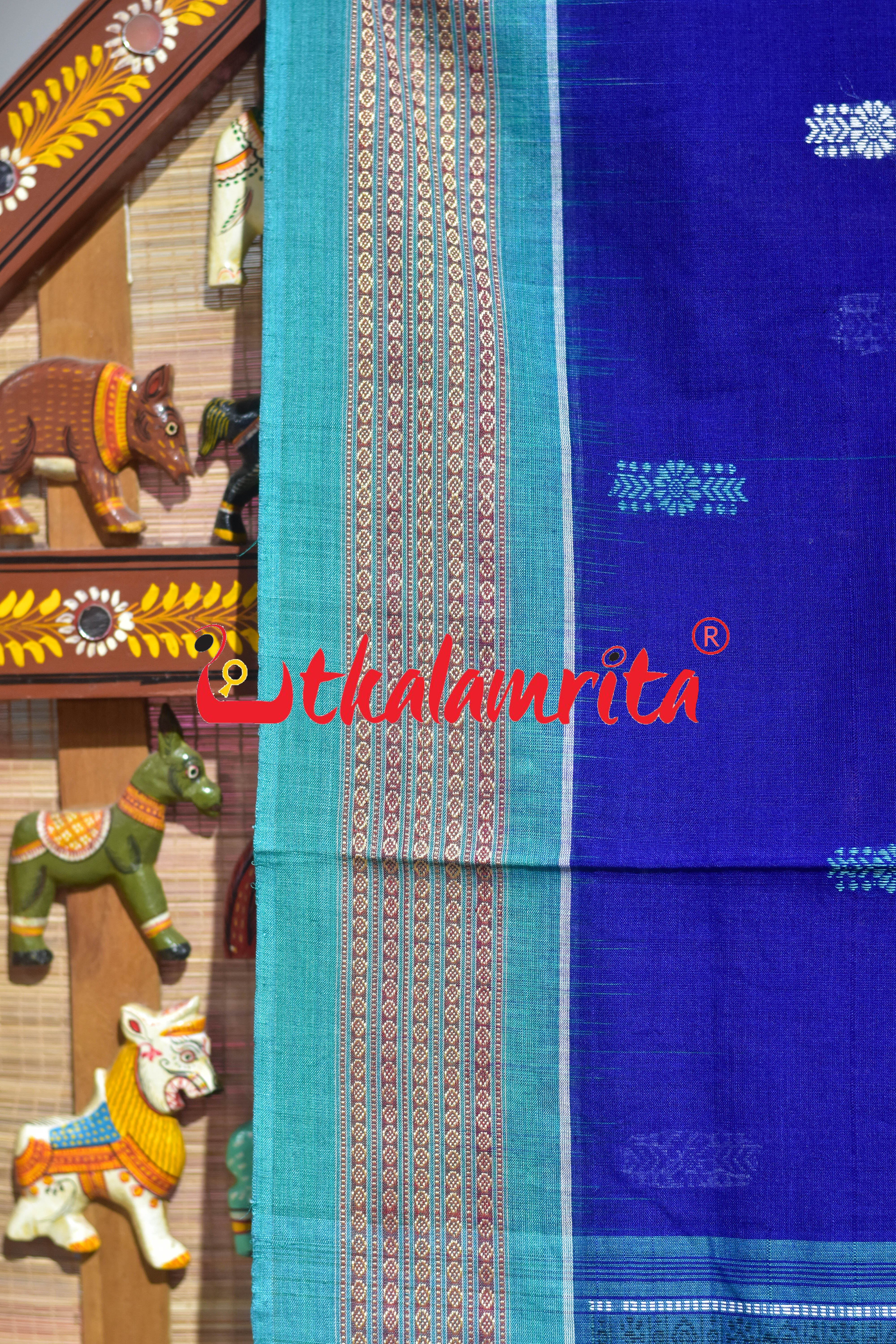Blue Rama Green Flower Bomkai Cotton Saree