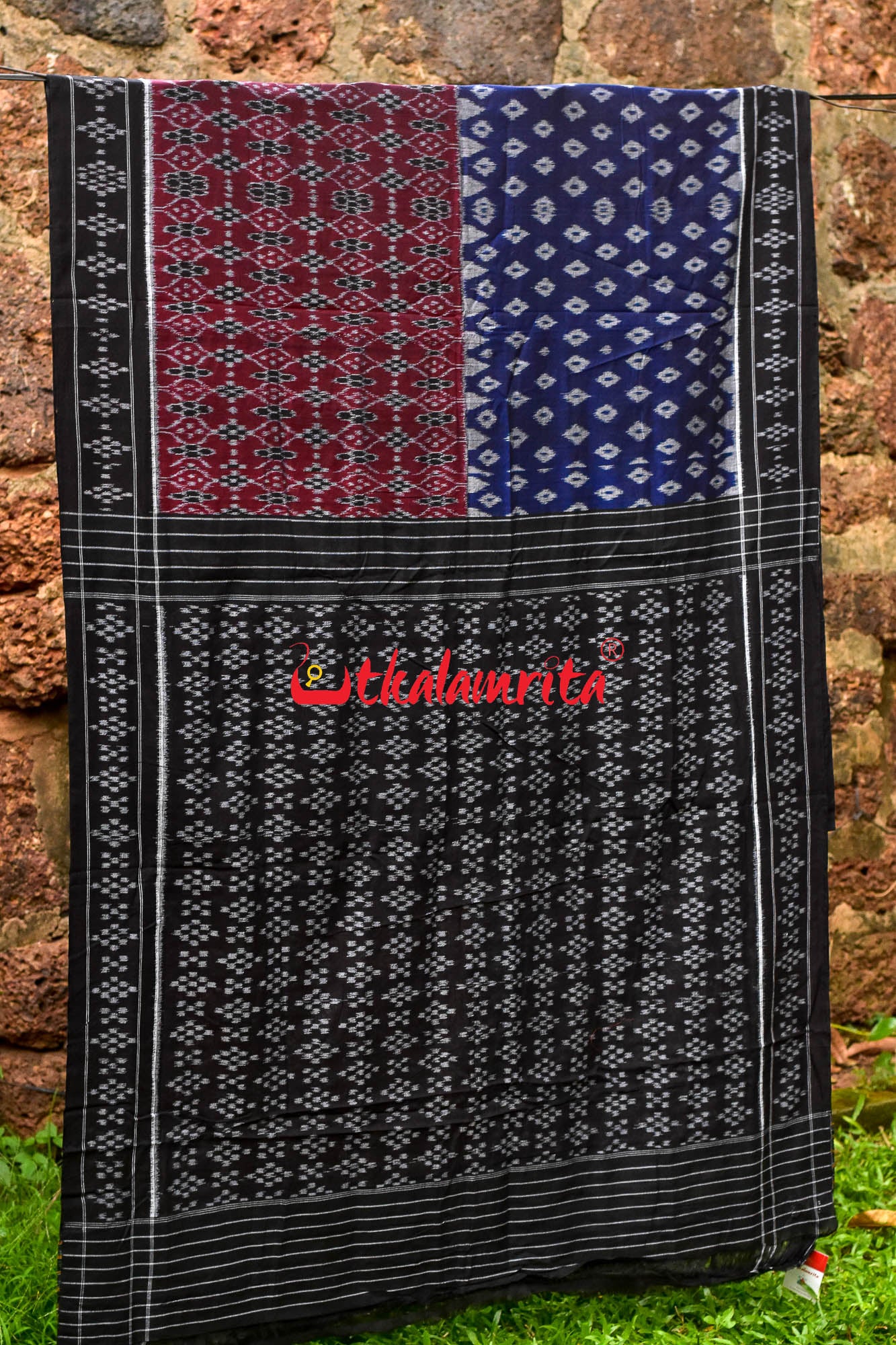 Half Half Maroon Blue Khandua Cotton Saree
