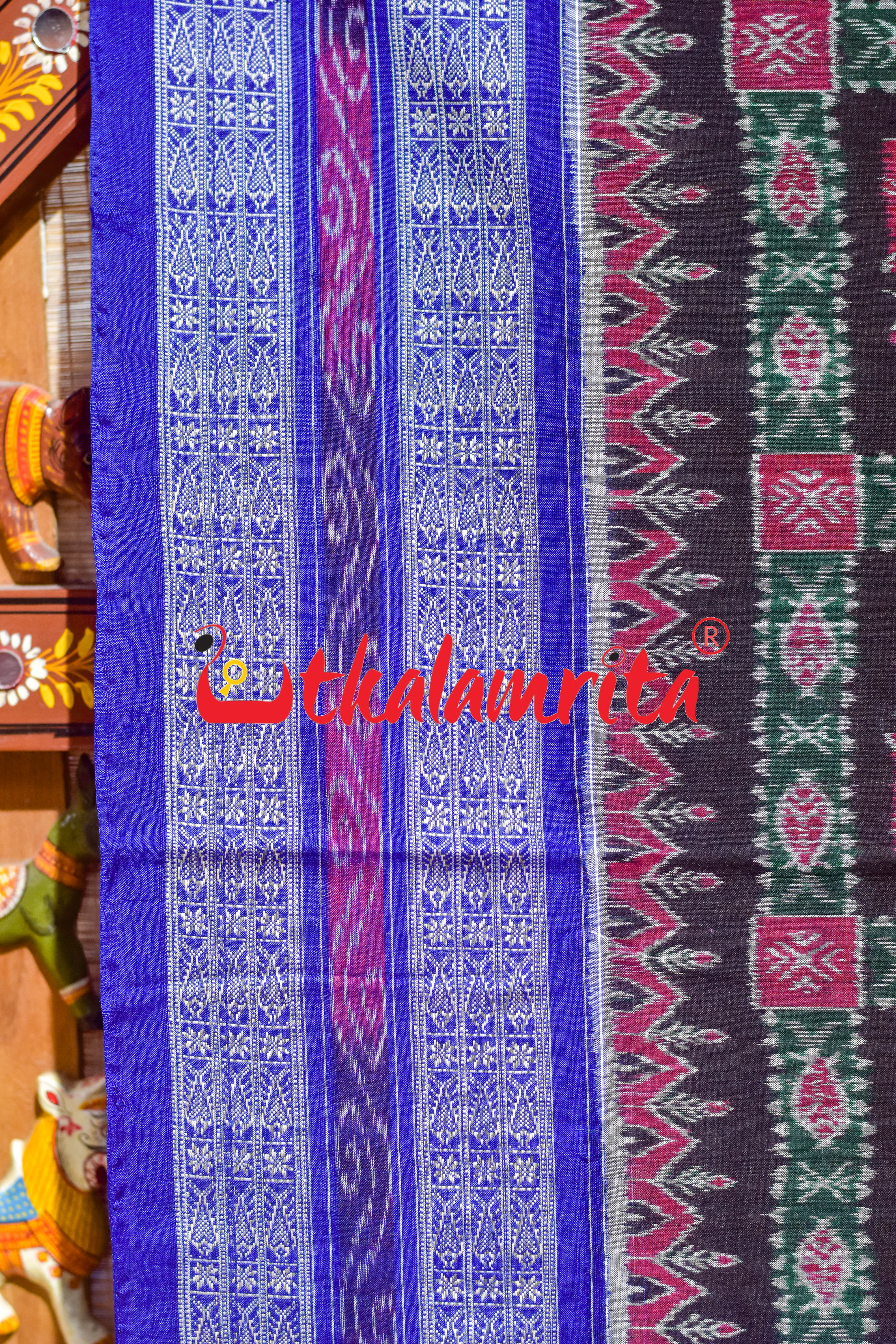 Black Blue Jungle Theme Sambalpuri Cotton Saree