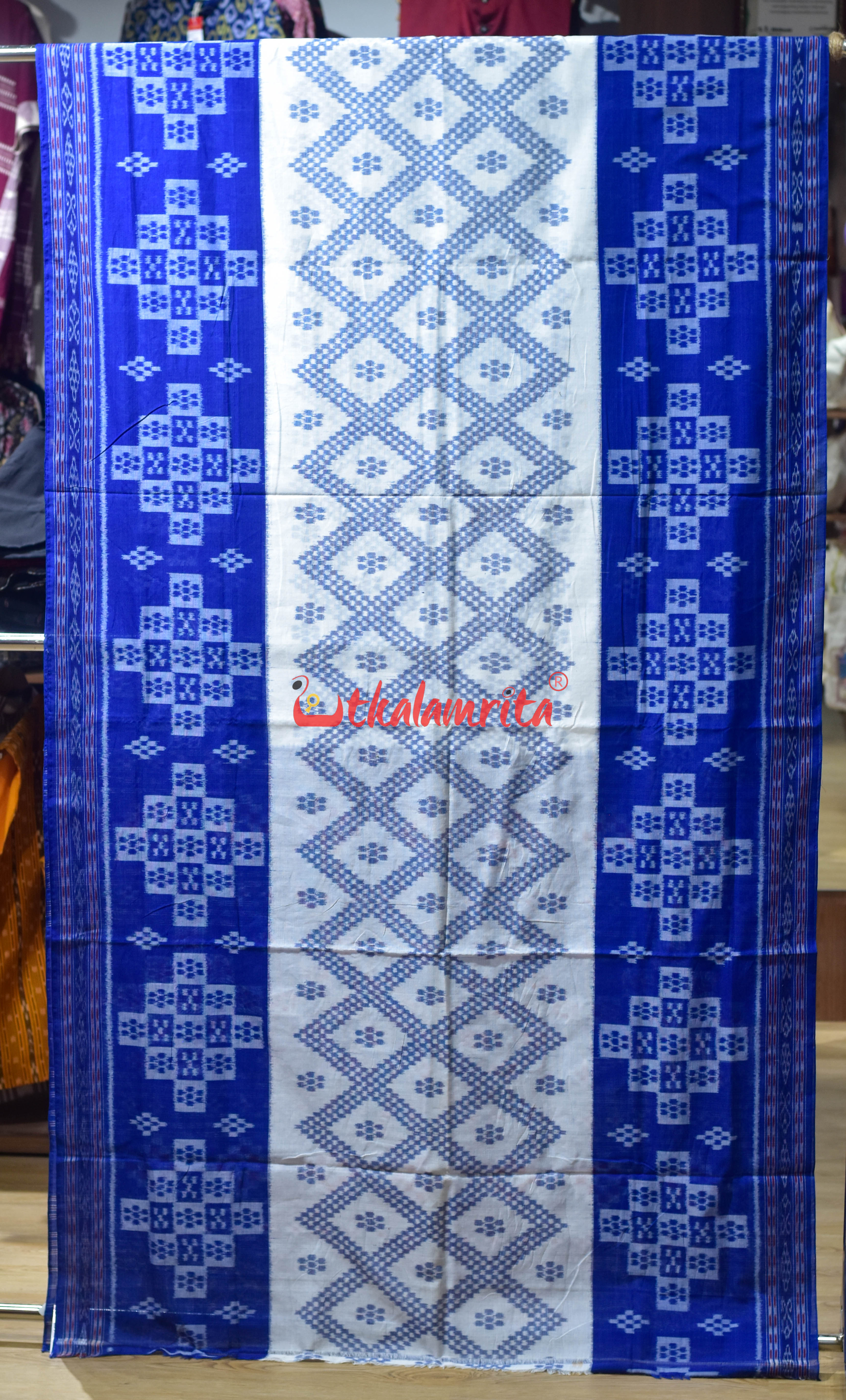 White Blue Bada Phula Khandua Cotton Saree