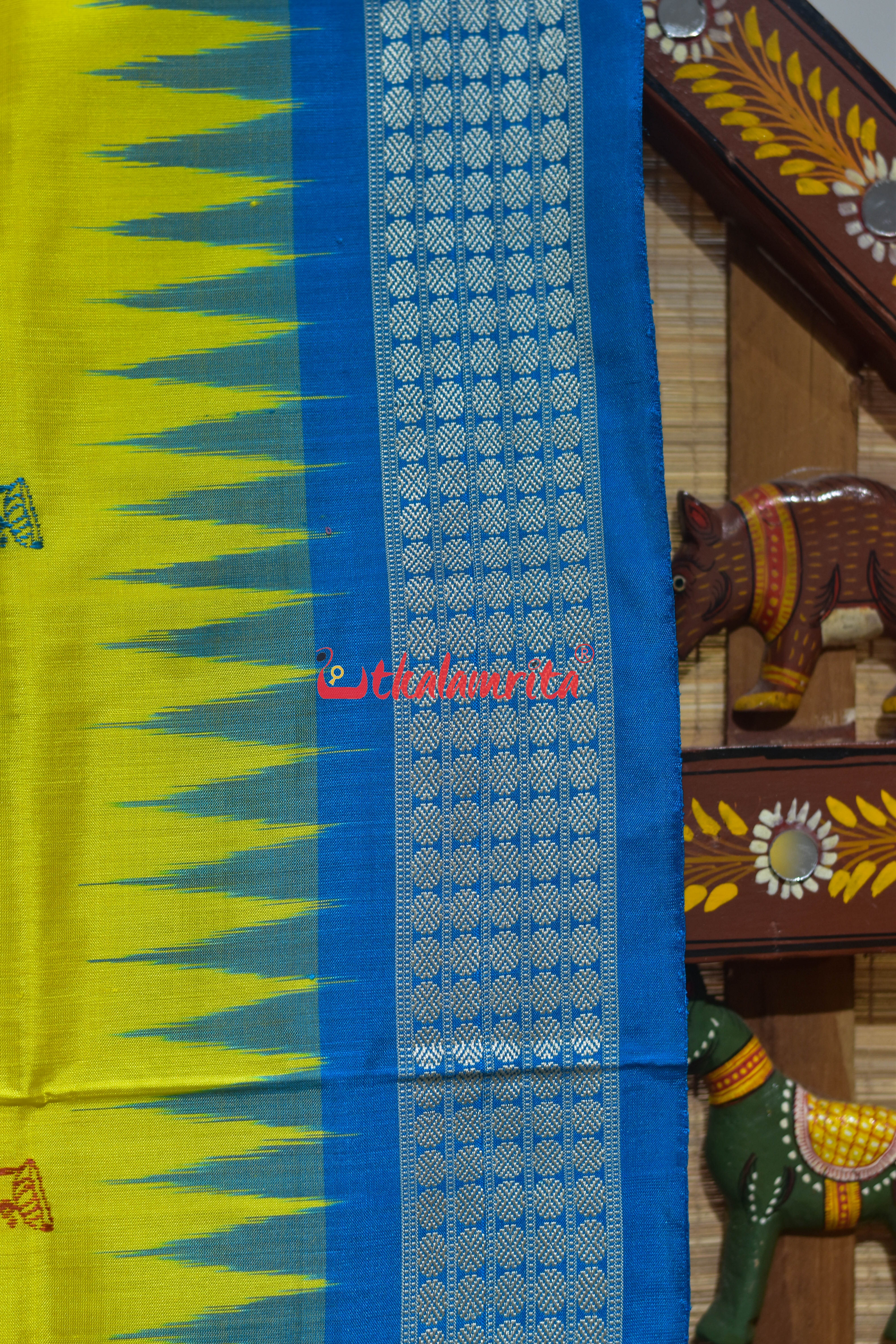 Lemon Yellow Copper Sulphate Box Tribal Bomkai Silk Saree