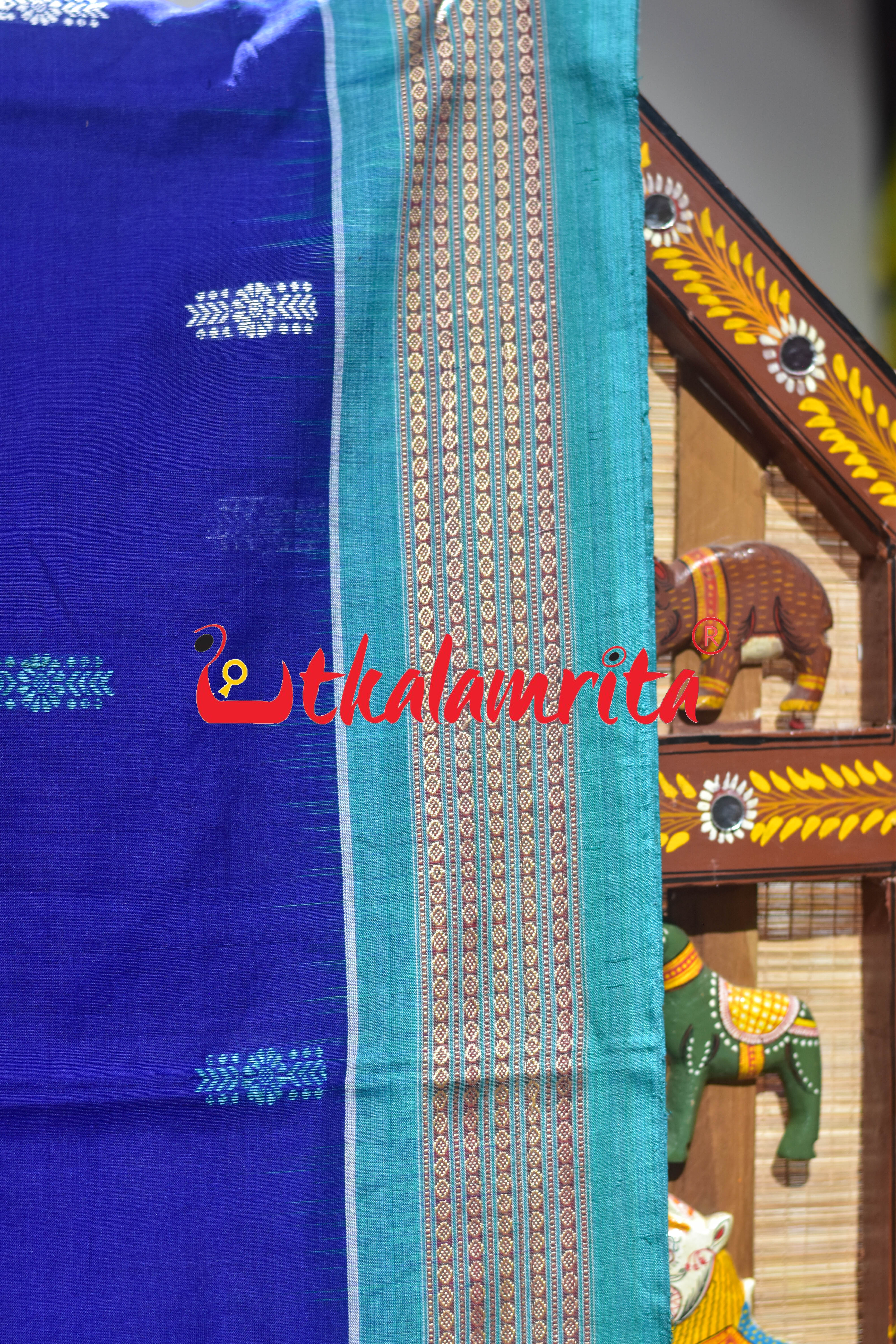 Blue Rama Green Flower Bomkai Cotton Saree