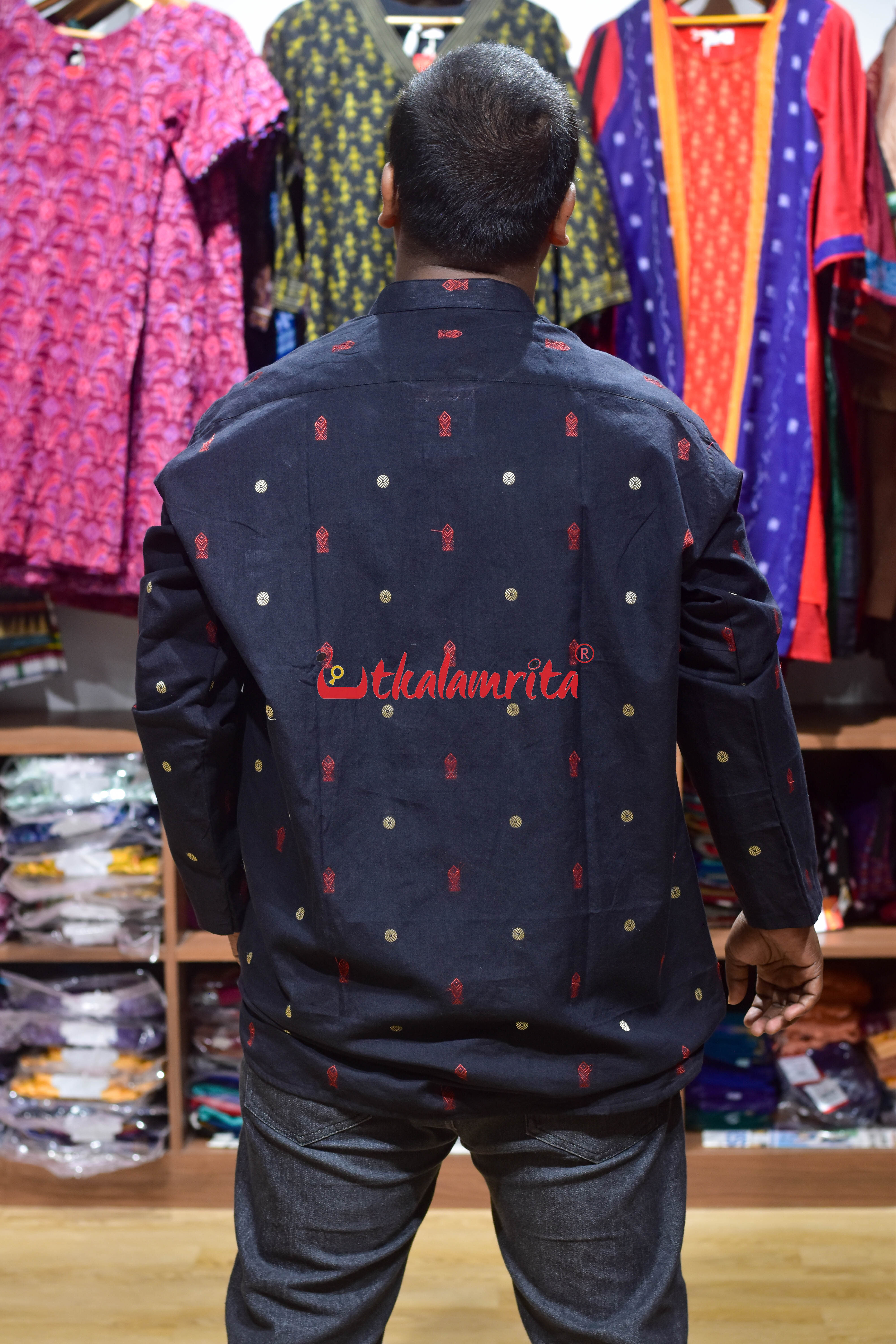 Black Red Fish Buti (Men's Short Kurta)