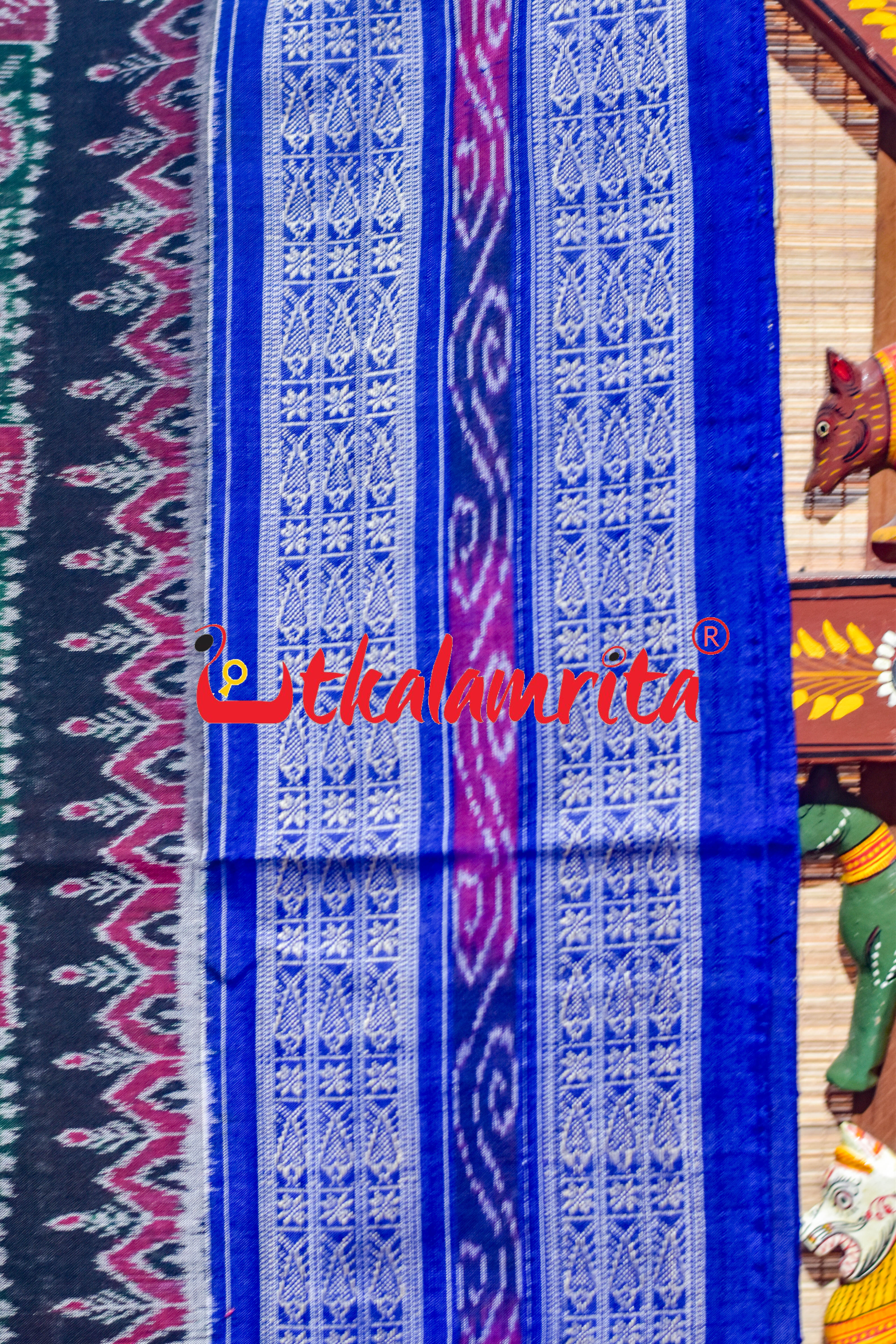Black Blue Jungle Theme Sambalpuri Cotton Saree