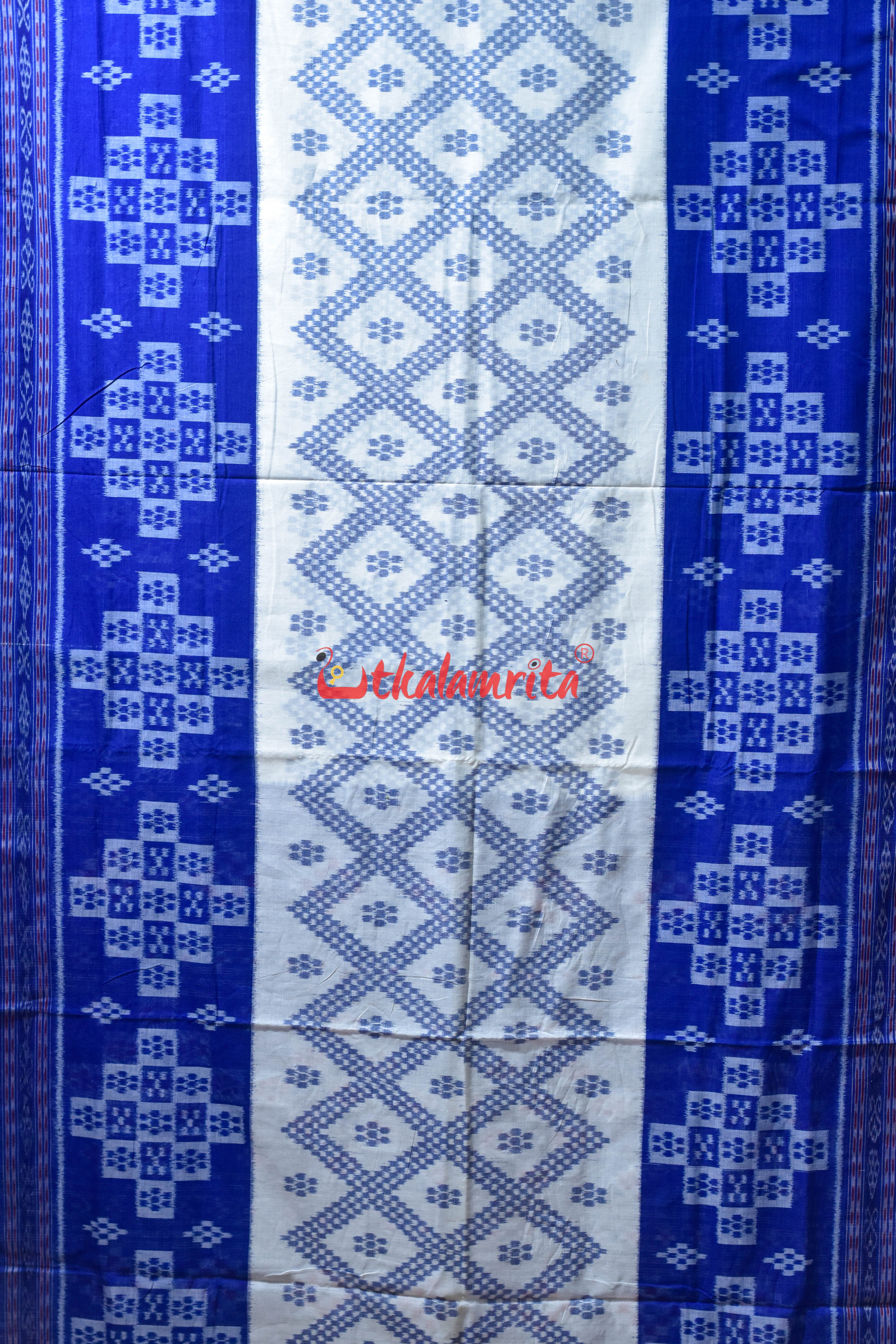 White Blue Bada Phula Khandua Cotton Saree