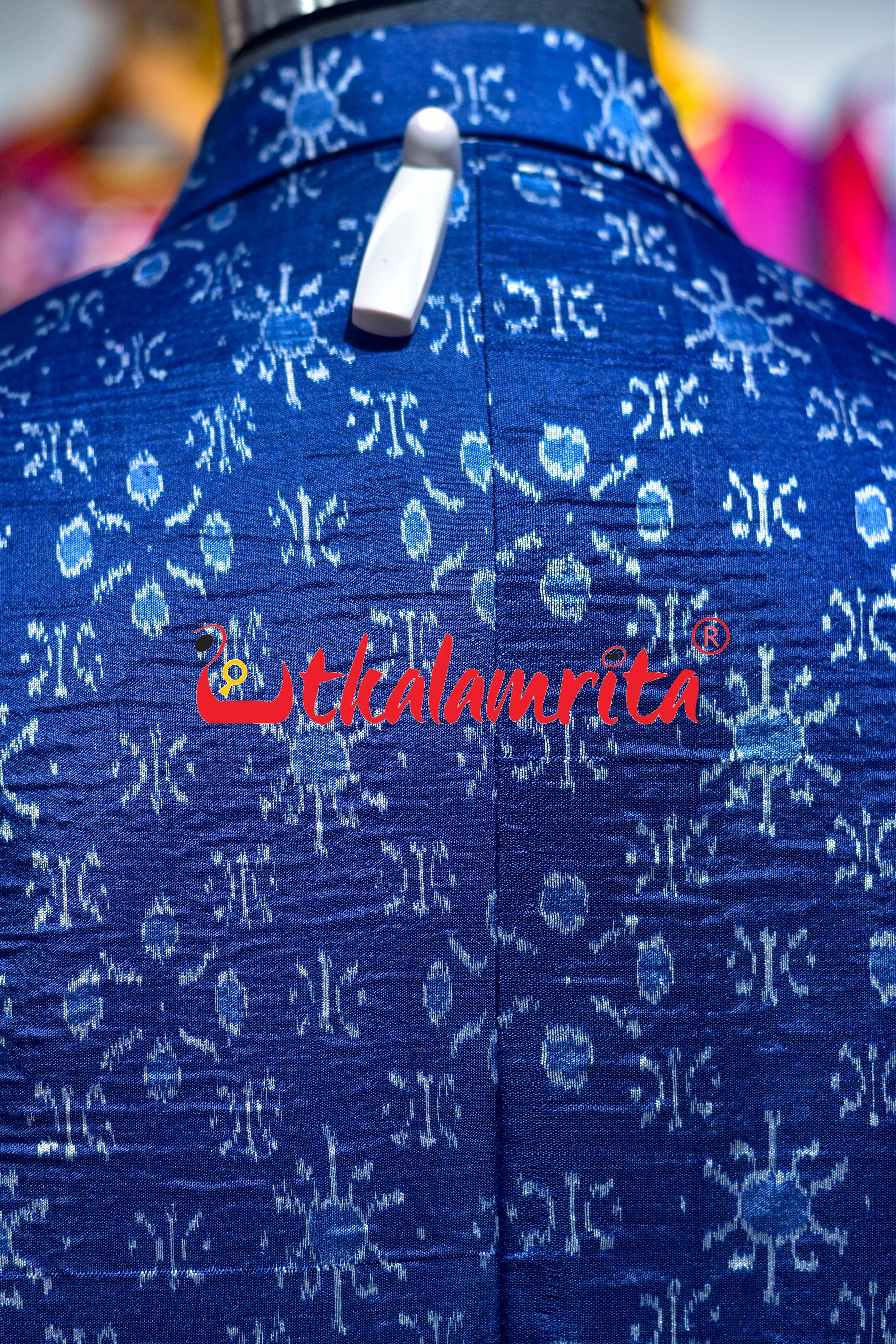 Royal Blue Star Flower Sambalpuri Silk Long (Ladies' Blazer)