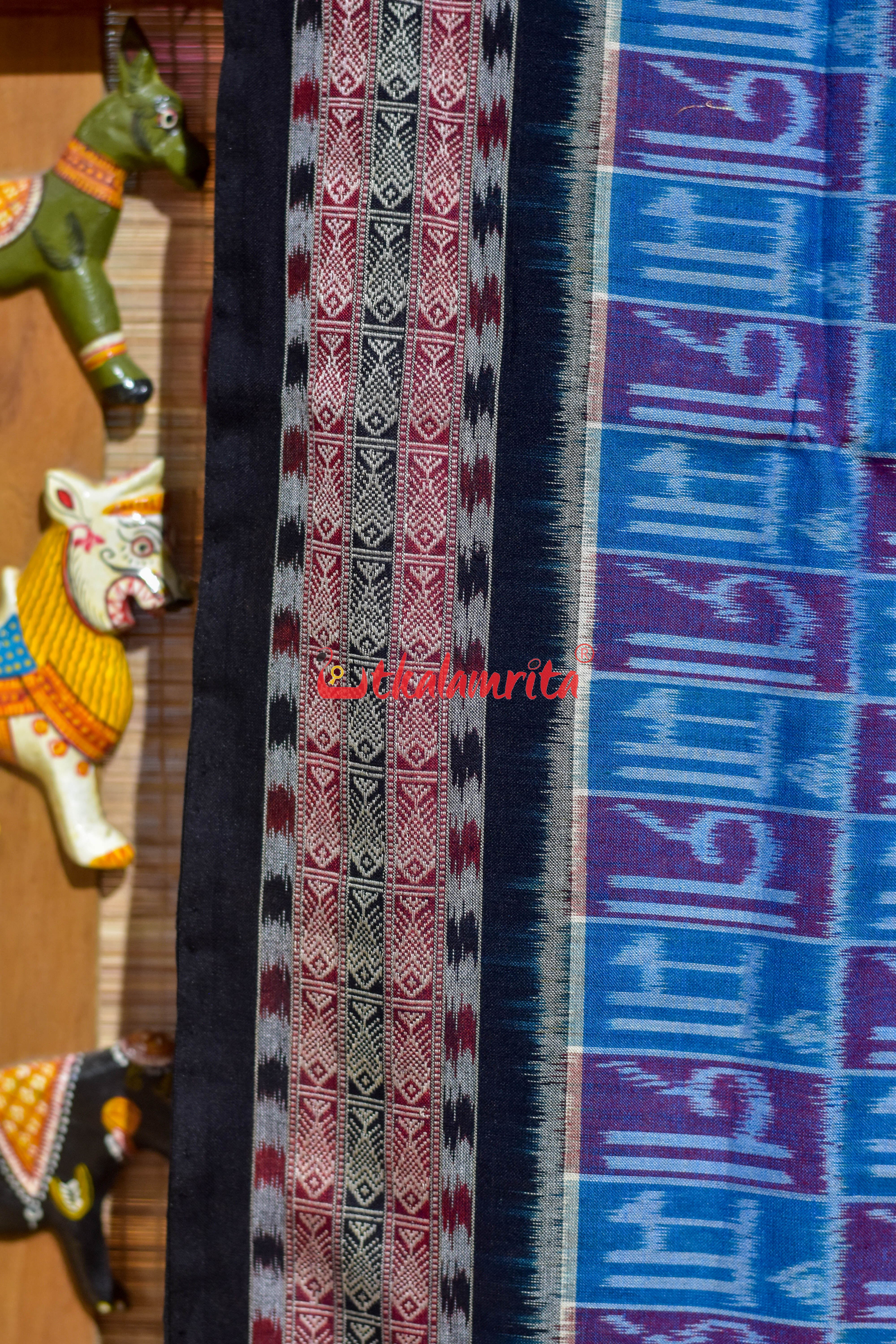 Teal Blue Red Maa Sambalpuri Cotton Saree