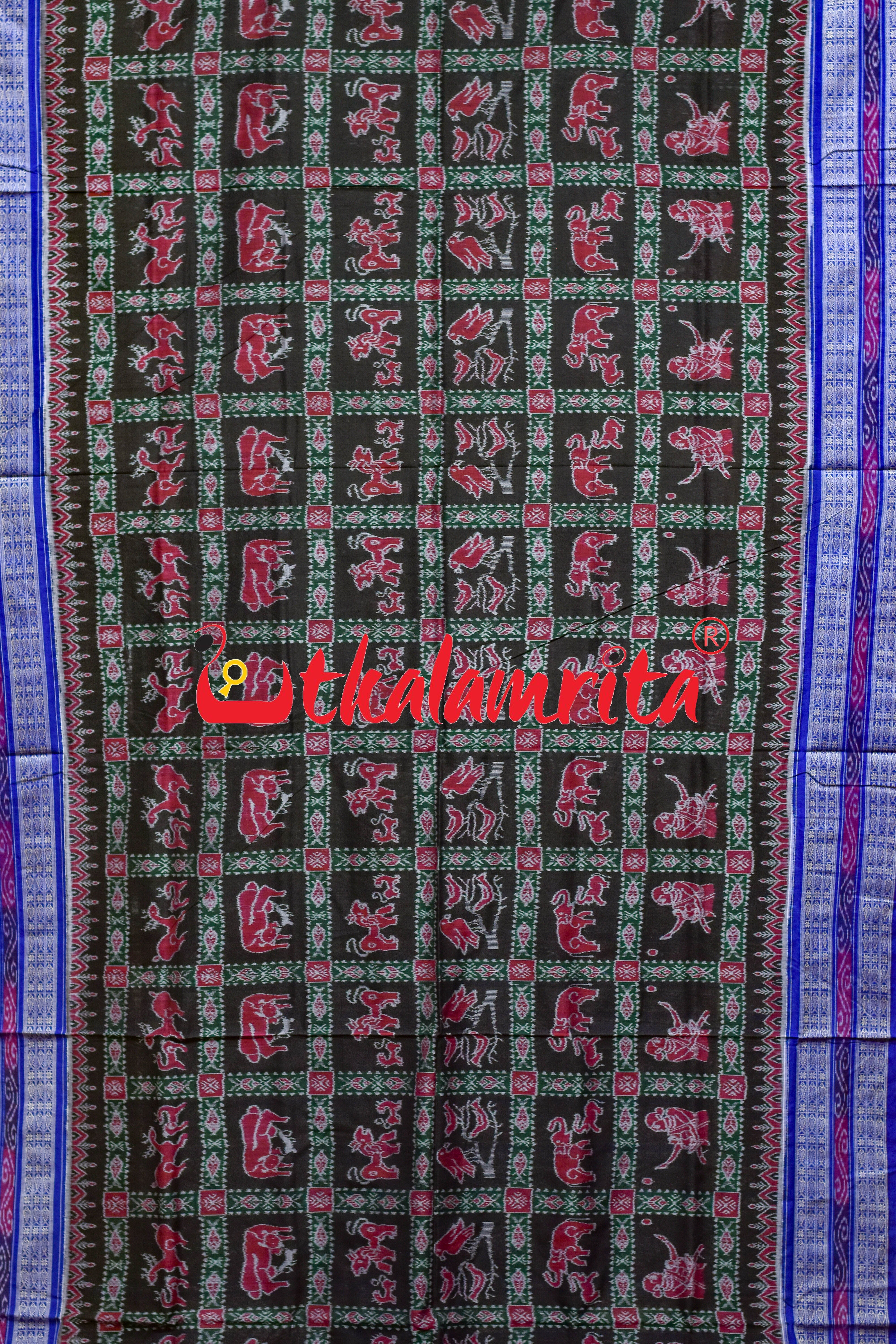 Black Blue Jungle Theme Sambalpuri Cotton Saree